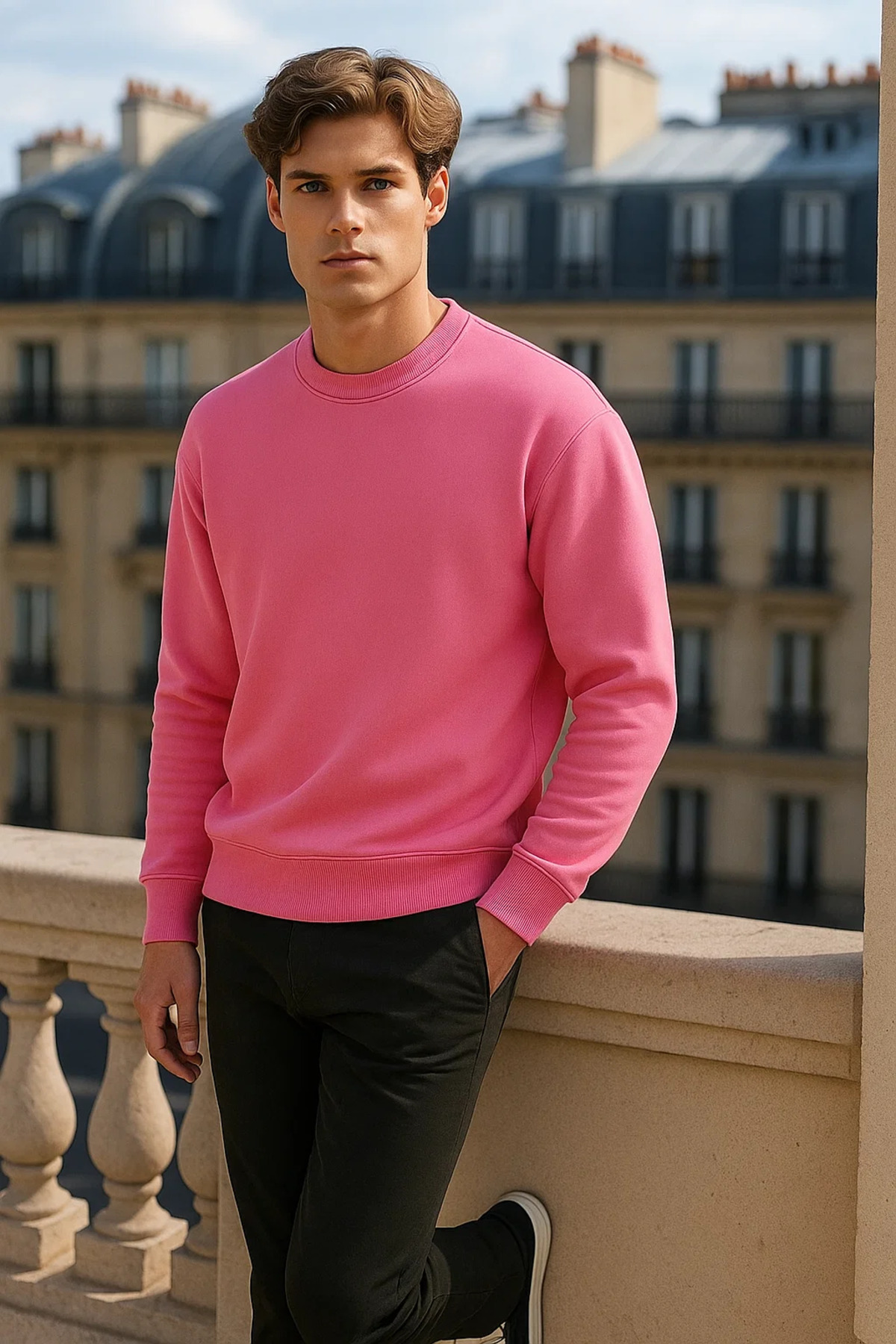 COMBİNE MİCHAİL  Erkek Bisiklet Yaka Oversize Pembe Kazak - Görsel 4