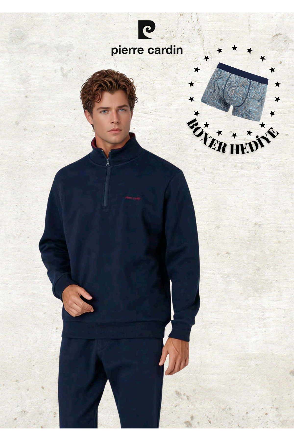 Pierre Cardin Erkek Giyim Yarım Fermuarlı %100 Pamuk Eşofman Takımı (Modal Boxer Hediye) — سرمه‌ای L1.PC.6116.002