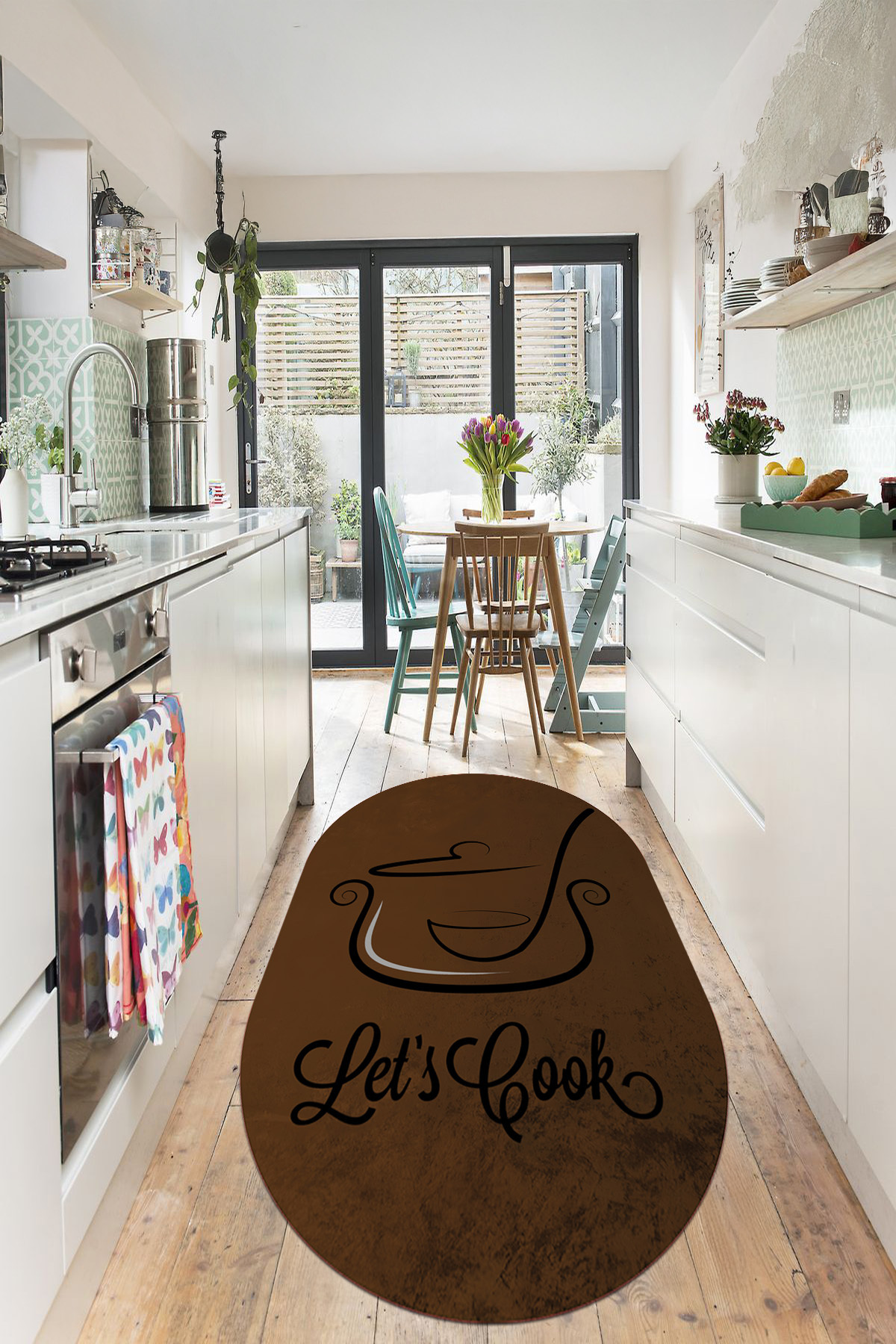 Modern Oval Kitchen Rug with Digital Printed Washable and Non-Slip Base Cooking Pot Figure