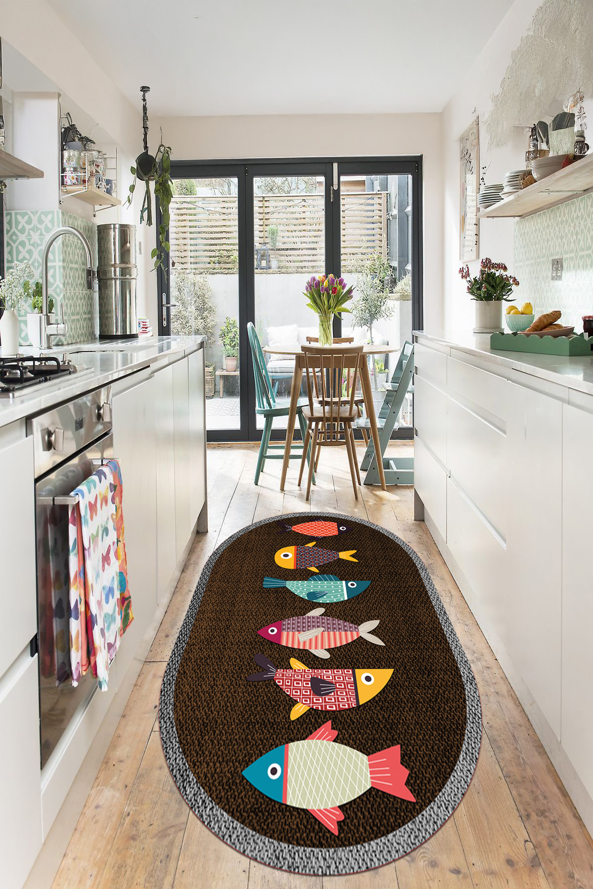 Oval Kitchen Rug with Fish Pattern with Digital Printed Washable and Non-Slip Base
