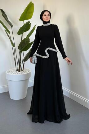 MERVEN AKYÜZ Ravell Boynu Ve Bel Kısmı Taşlı Abiye Siyah