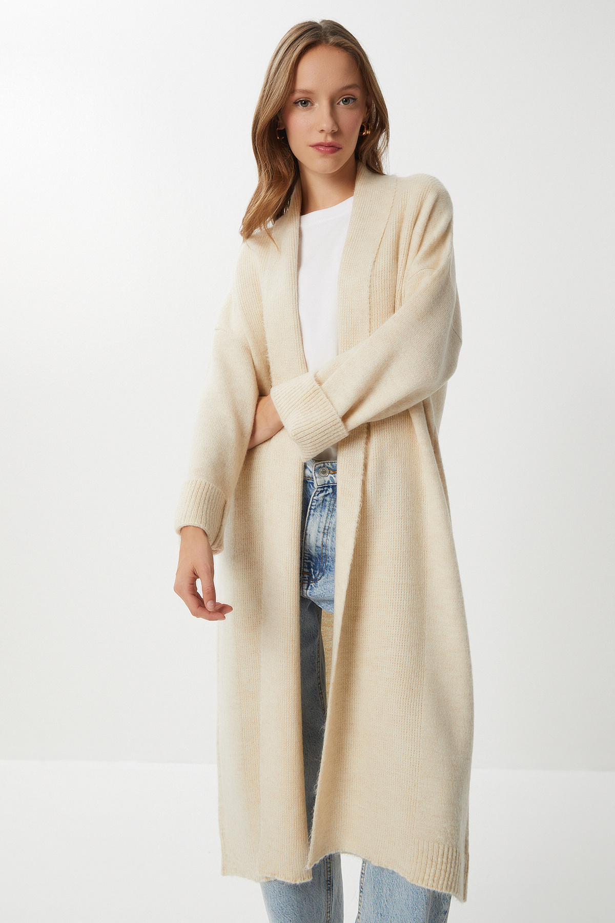 Lovelyİstanbul  Şal Yaka Uzun Triko Hırka LHİ0004 KREM - Görsel 4