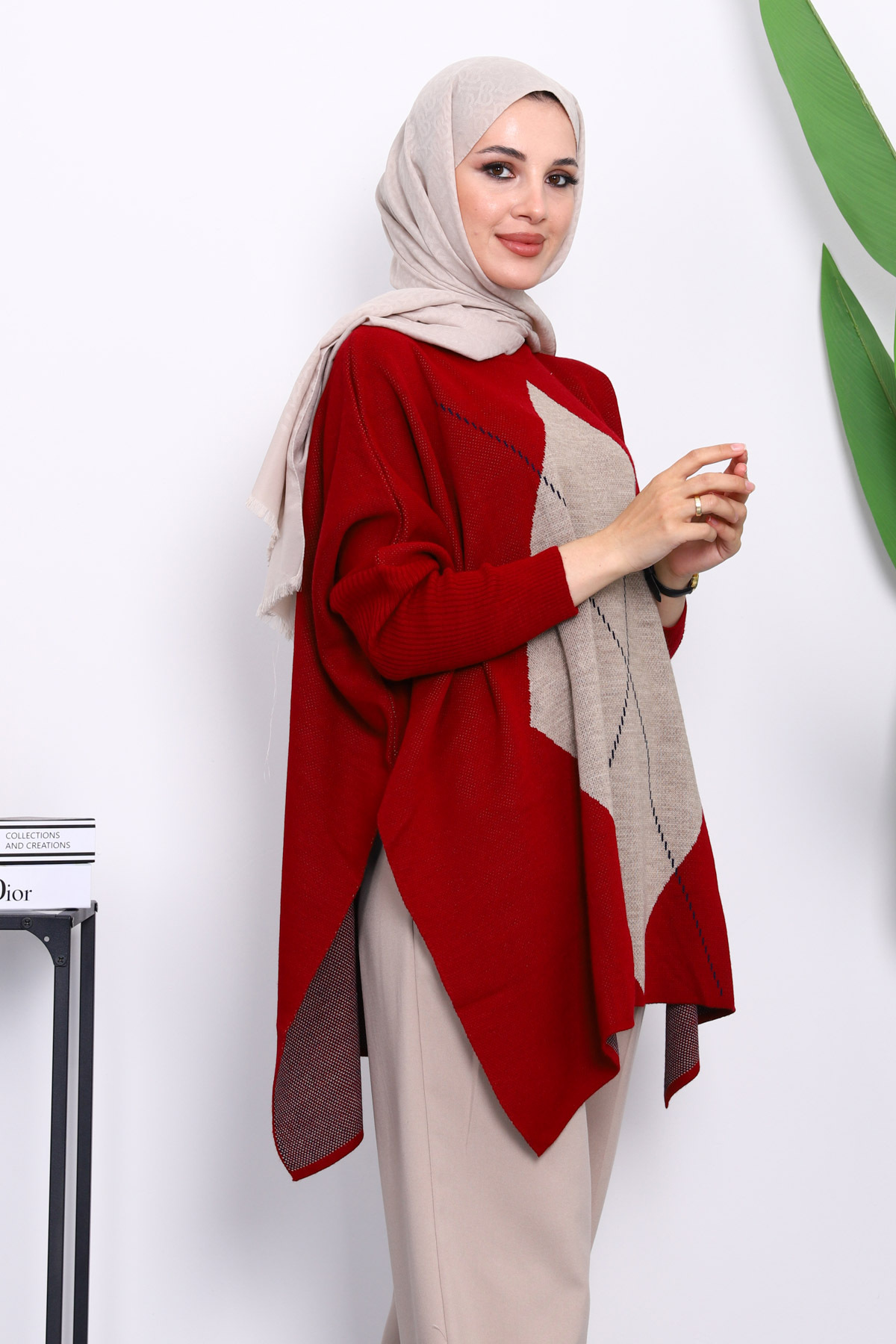 İmajButik Vizon Bordo Bisiklet Yaka Yan Yırtmaçlı Panço