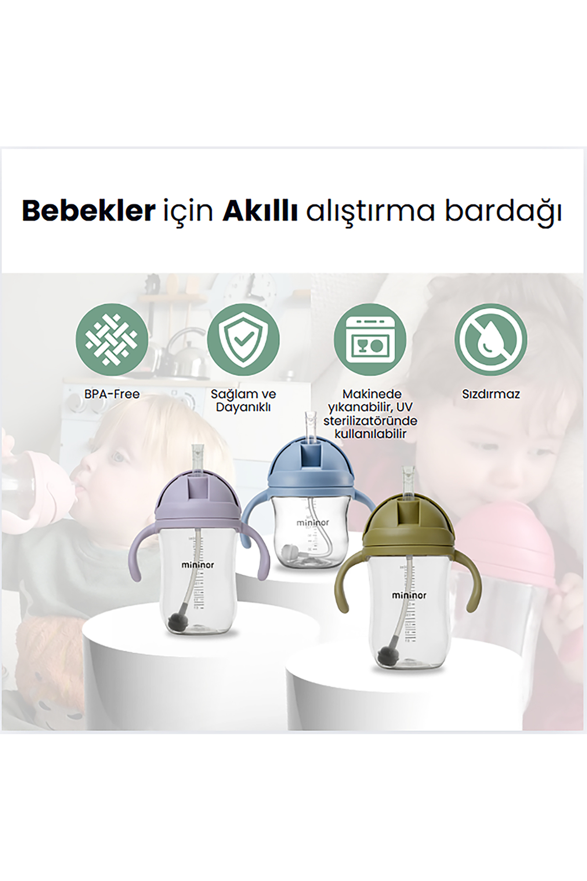 Mininor Tritan Bebek Çocuk Akıllı Alıştırma Bardağı 220 ml - Rose - Sızdırmaz, Akıllı Pipet fotoğrafı 2 (önizleme)