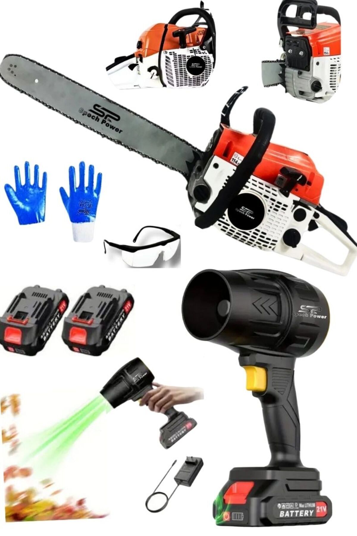 Spech Power X2 Akülü Taşıma Çantalı Hava Yaprak Toz Su Üfleme & Benzinli 2,1 HP Zincirli Ağaç Motoru