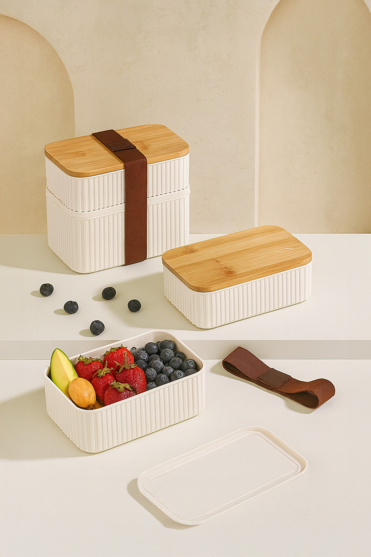 Kitchen Life 3'lü Bambu Kapaklı Çizgili Saklama Kabı Seti -500ml