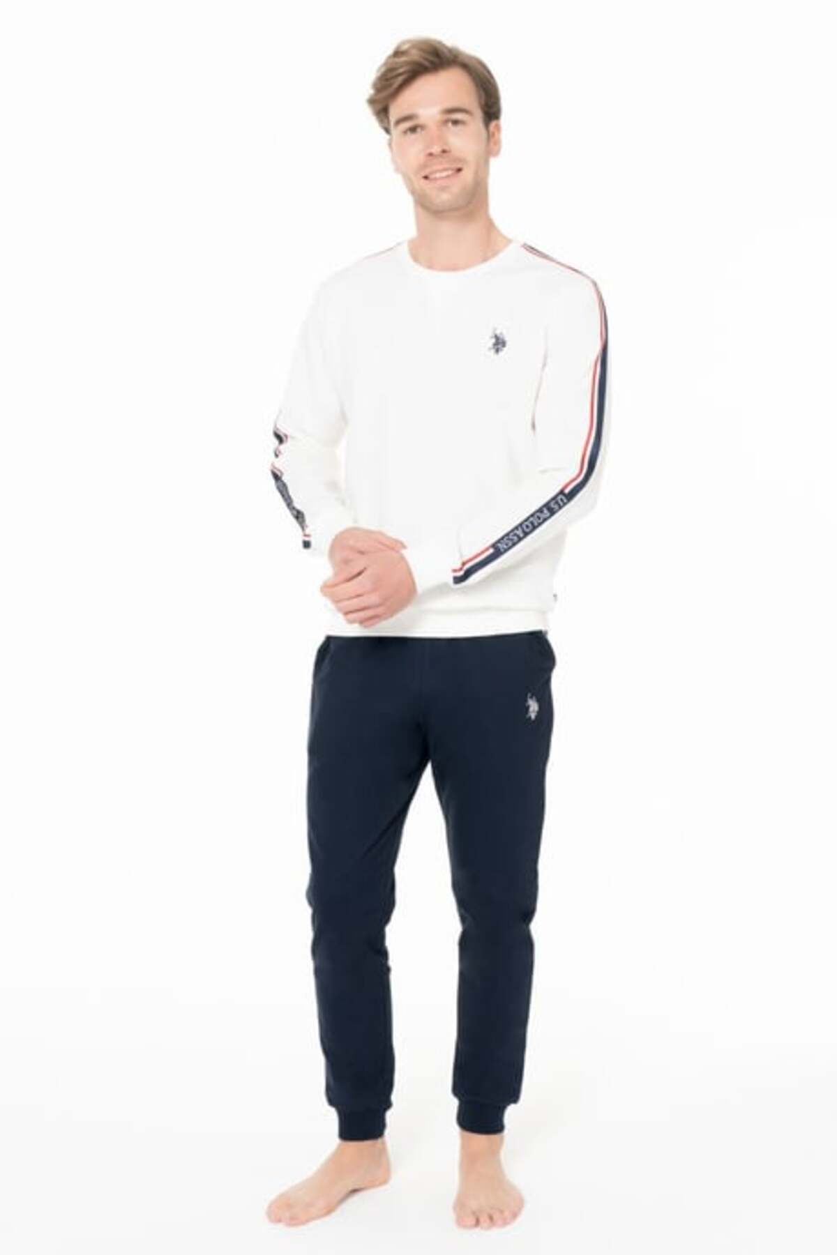 یو اس پولو ست لباس خواب مردانه یقه گرد آستین بلند S26942 با لبه نواری