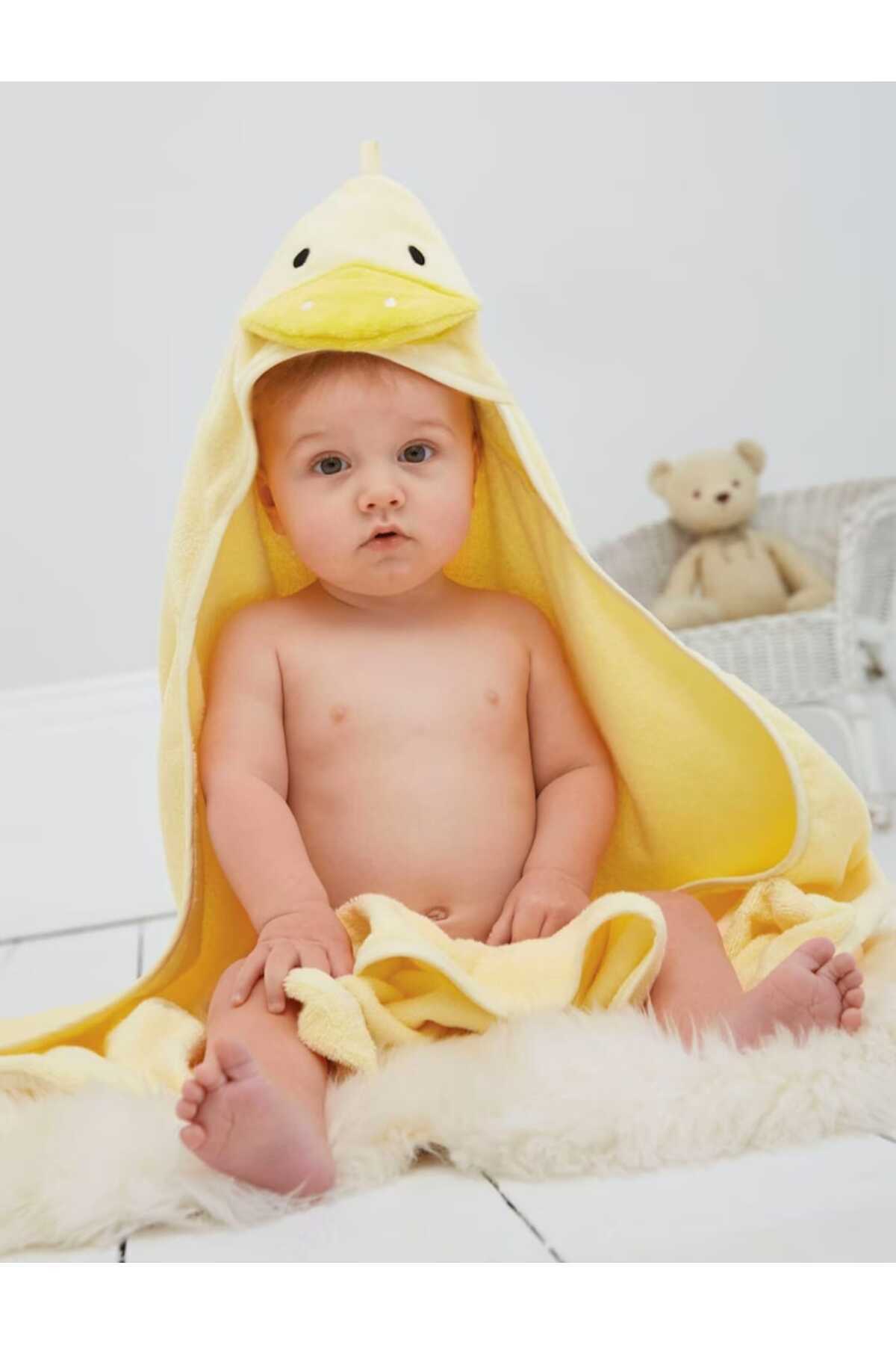 GÜRPAMUK HOME & BABY OUTLET %100 Organik Pamuk Yumuşacık Kız-Erkek Bebek Çocuk Banyo Kundak Havlu SARI/ÖRDEK