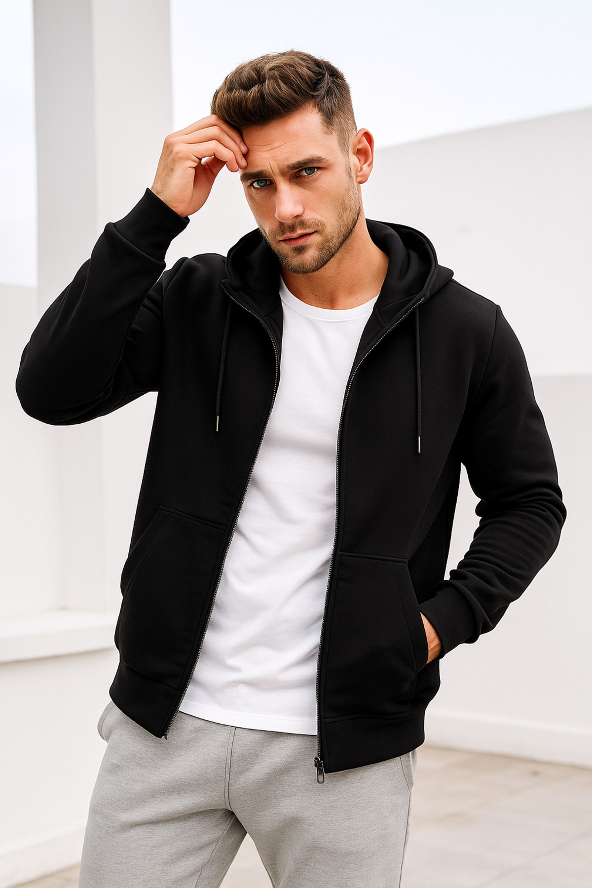 Rich  Erkek Siyah Kapüşonlu Kanguru Cepli Fermuarlı Sweatshirt - Görsel 4