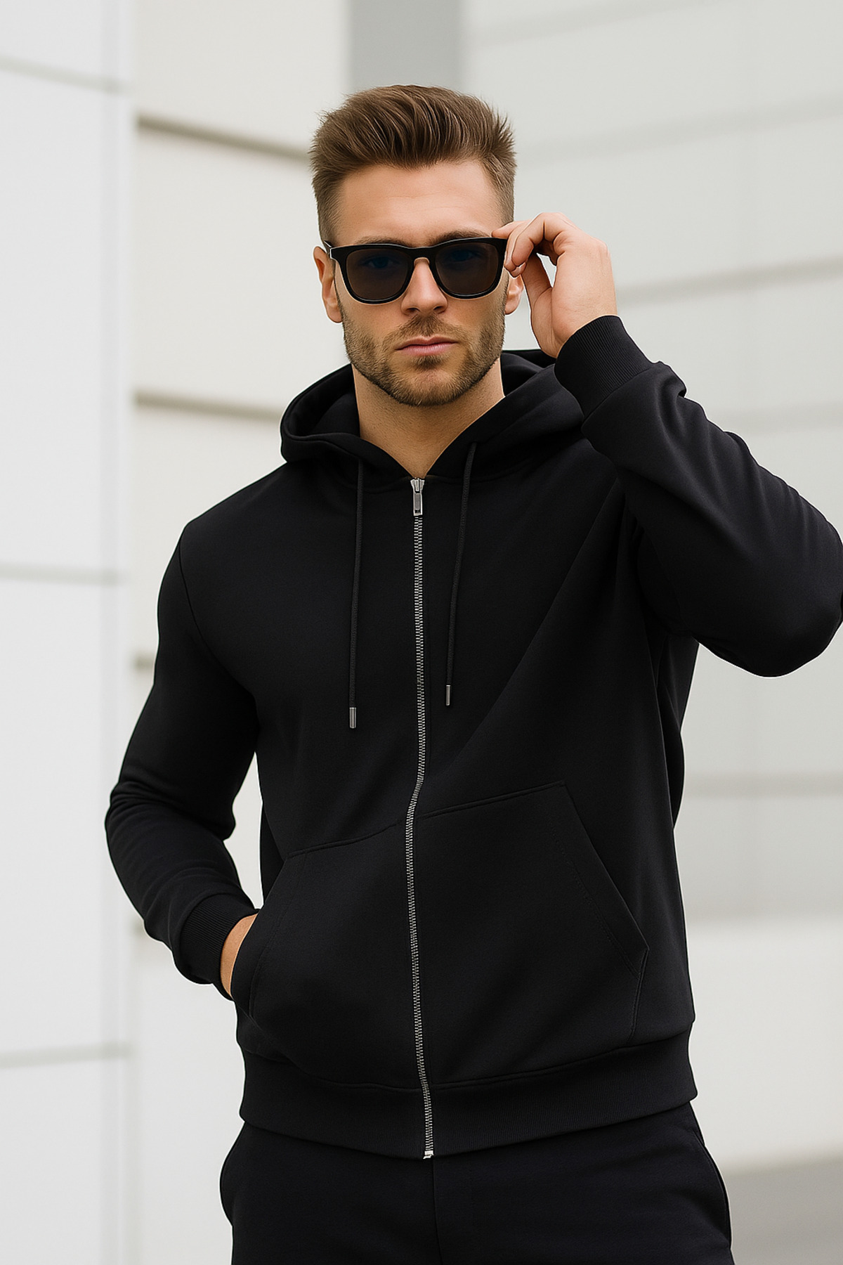 Rich  Erkek Siyah Kapüşonlu Kanguru Cepli Fermuarlı Sweatshirt - Görsel 2