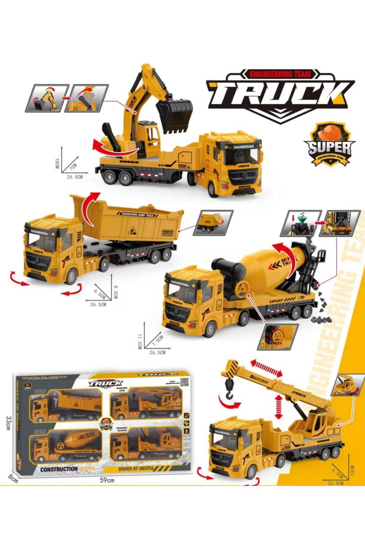 berattoys 4lü iş makinaları 28cm kamyon mikser vinç ekskavatör oyuncak iş araçları kırılmaz plastik