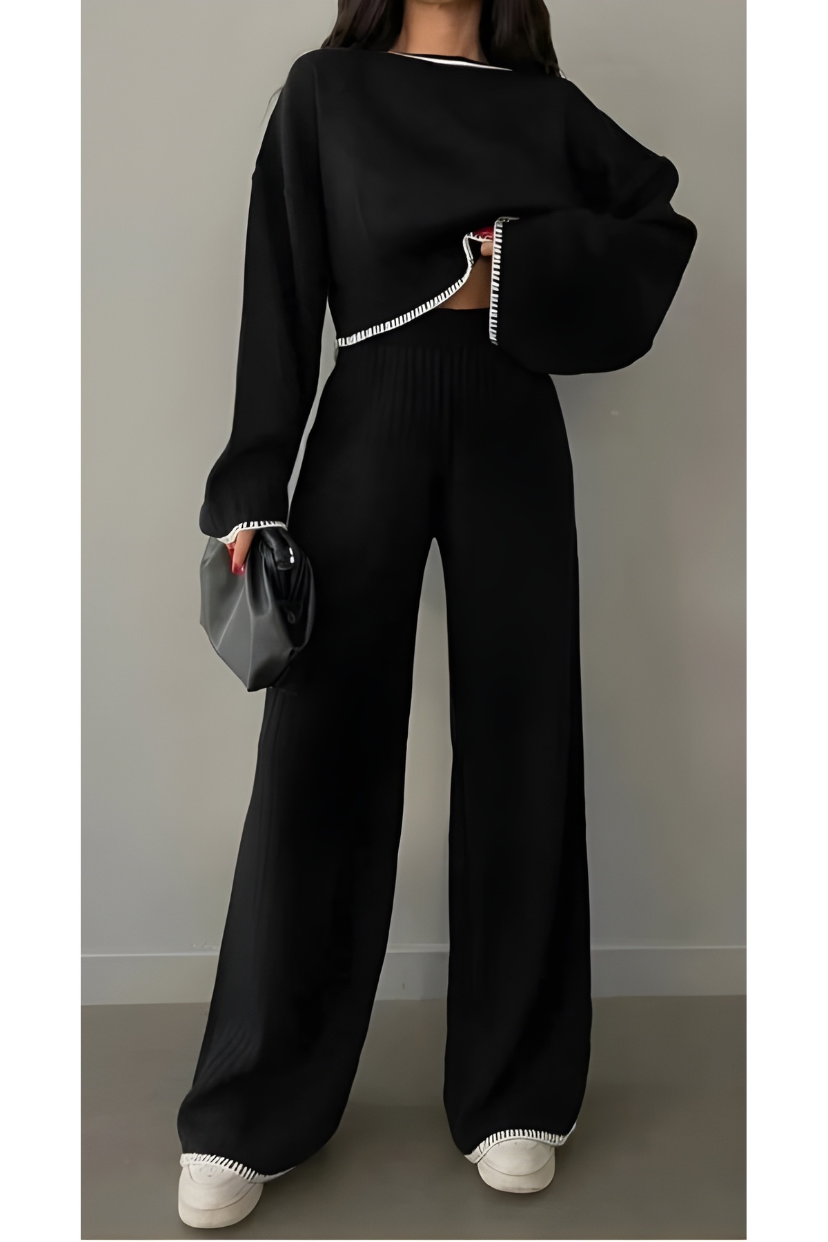 ÖZ KURTOĞLU COLLECTİON Σετ παντελόνι πλεκτό με λεπτομέρεια κεντήματος μπροστά σε κρέμα