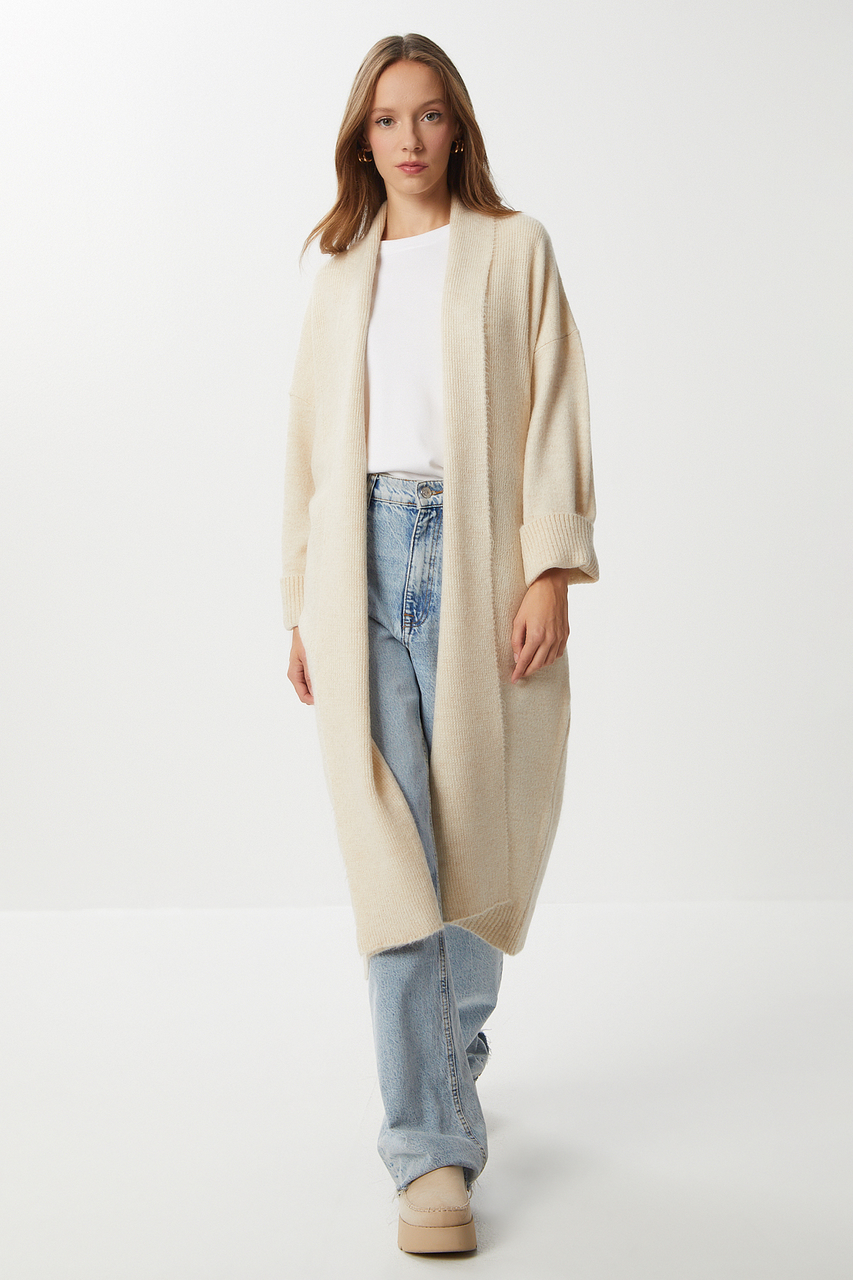 Lovelyİstanbul  Şal Yaka Uzun Triko Hırka LHİ0004 KREM - Görsel 3