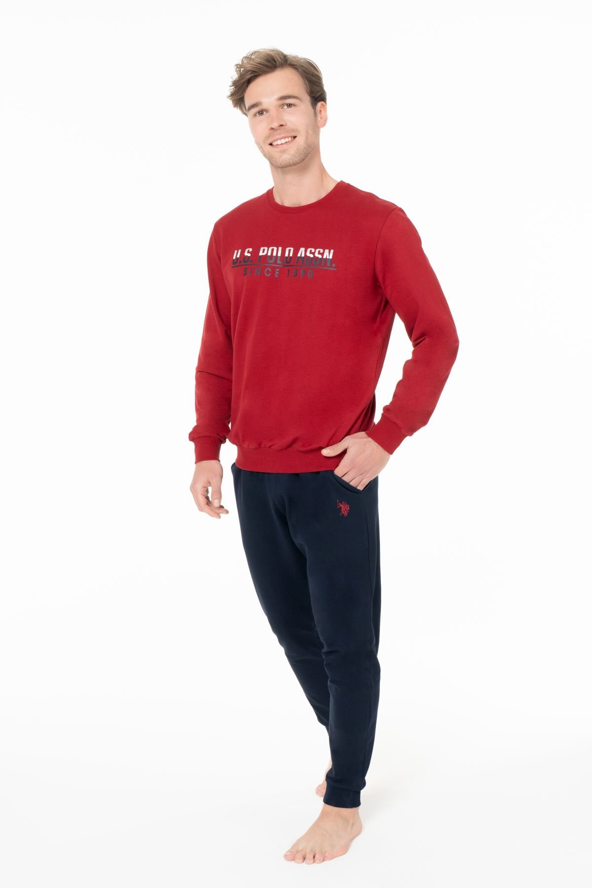 یو اس پولو ست لباس خواب مردانه یقه گرد آستین بلند S26928، پارچه راحت با لبه نواری و جیب