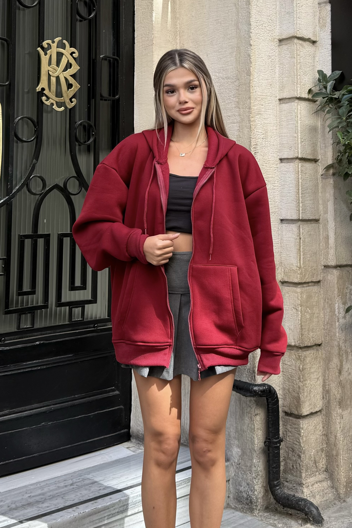 la & vetta  Bordo Kapüşonlu Oversize Fermuarlı Şardonlu Sweatshirt - Görsel 3