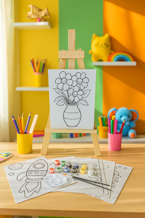 Edu&Hobby 50x27 Çam Masa Şövale Çocuk Boyama Seti – 6 Adet Mukavva Tuval- Çoc...