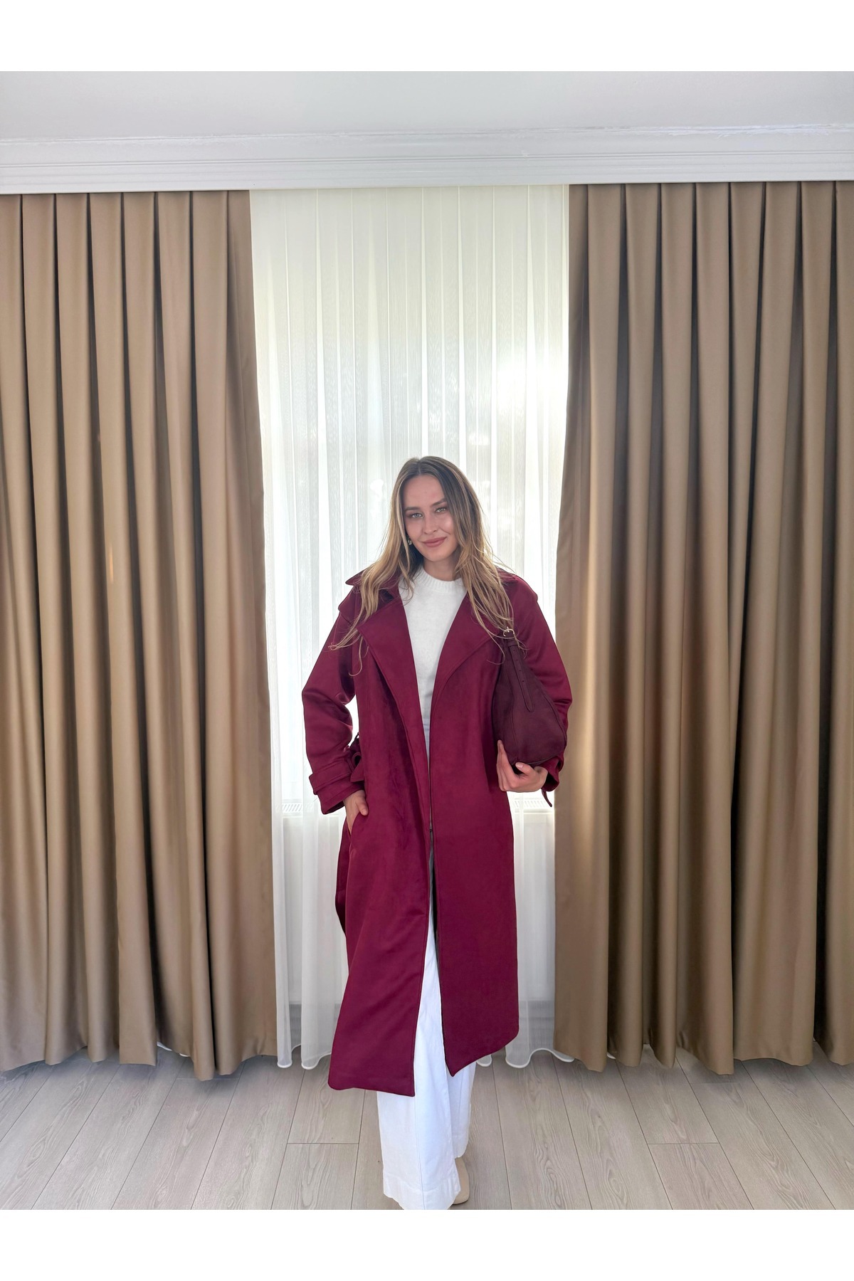 monanora Cepli Kruvaze Yaka Kemerli Uzun Suni Süet Trençkot