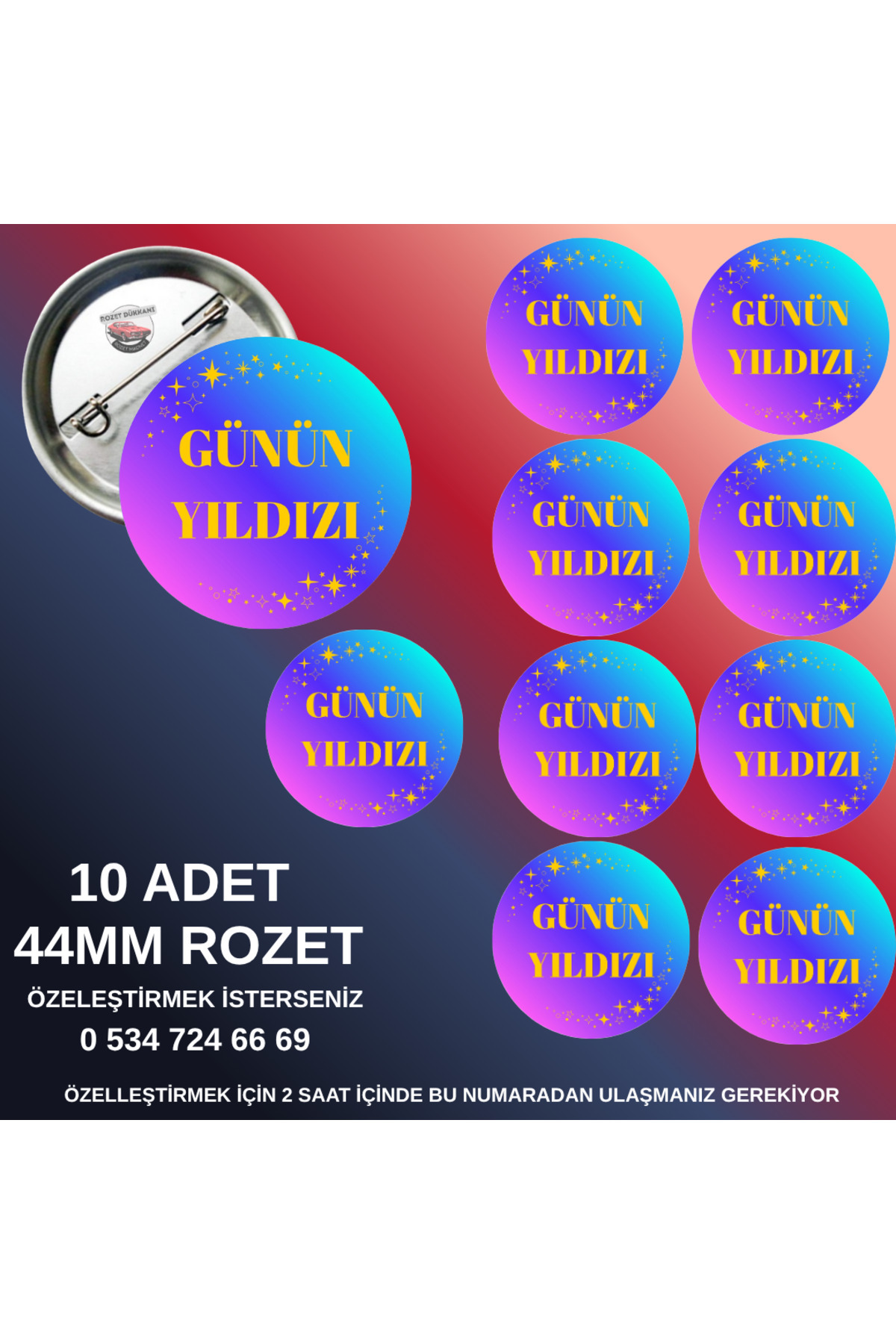 Star of the Day – 44mm Button Badge, 10 Pieces Personalized