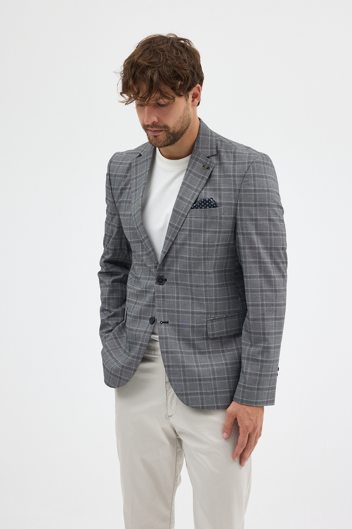 Frappoli  Facune Erkek Siyah-Gri Ekose Kumaşlı Mono Yaka Spor Blazer Ceket - Görsel 4