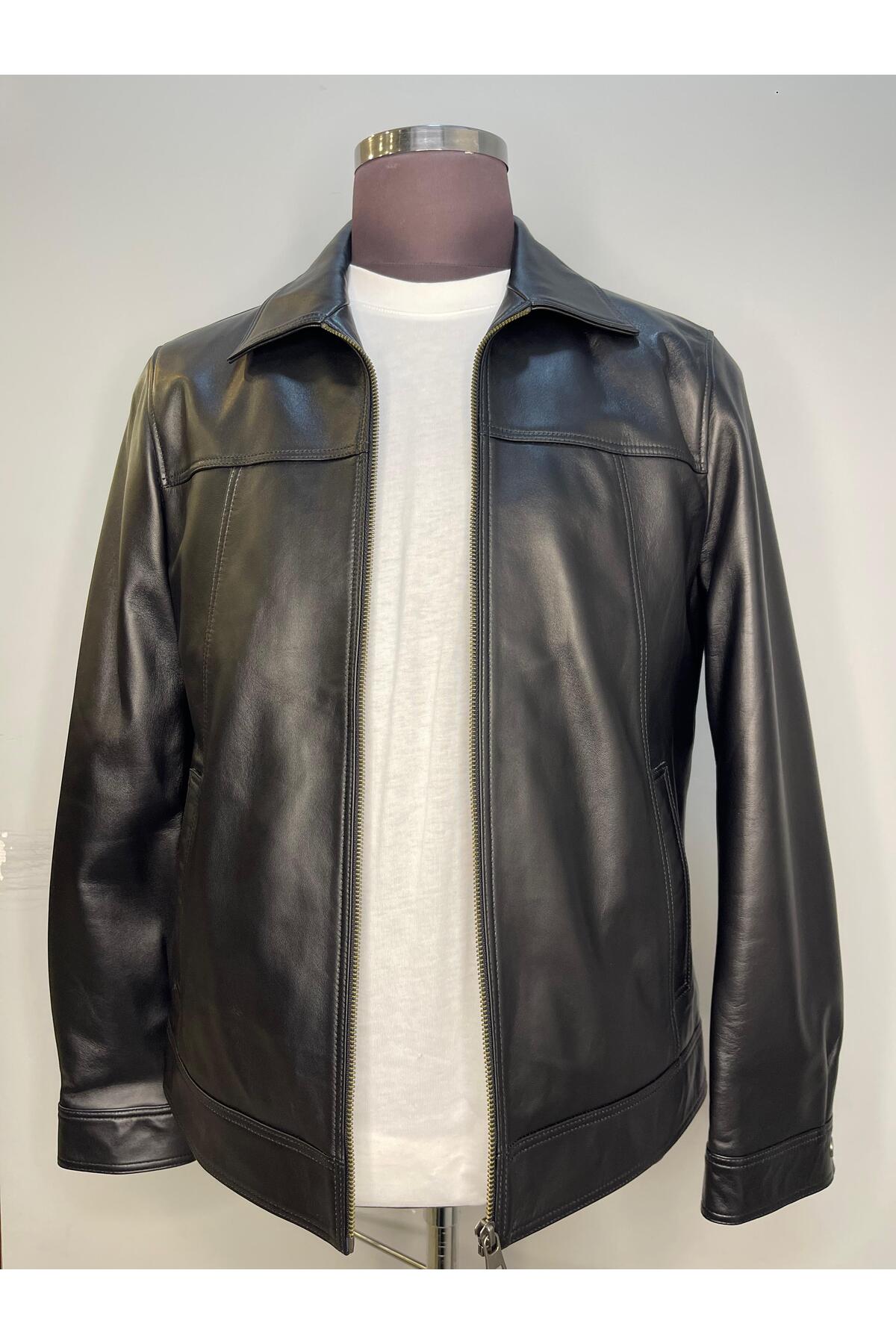RIOTELLI Polo Collar Zippered Genuine Leather Men's Jacket- Trendyol