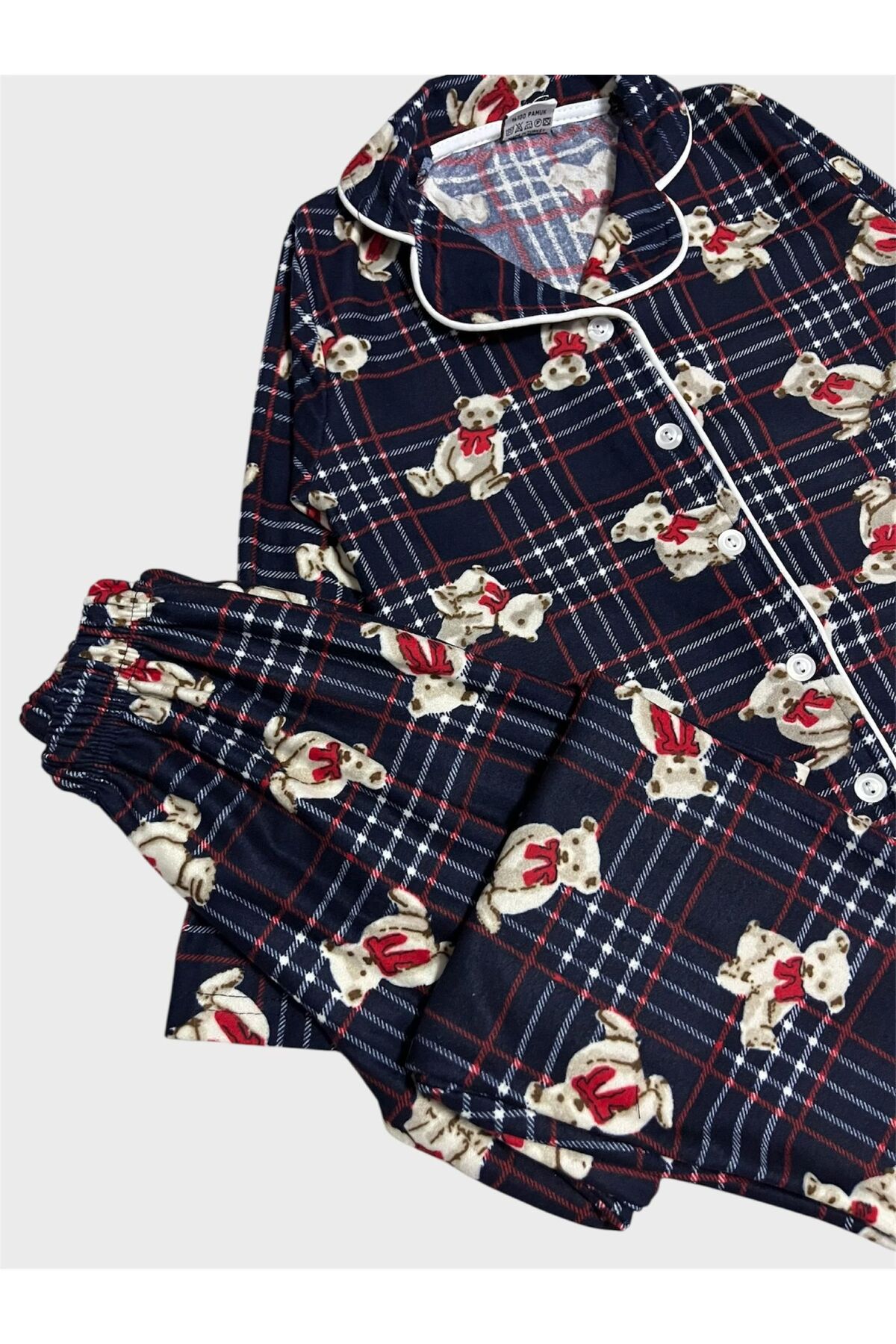 ALİŞ KİDS Anne-Kız Çocuk Pamuklu Süet Kumaş Lacivert Ayıcık Desenli Gömlek Yaka Düğmeli Pijama Takımı fotoğrafı 3 (önizleme)