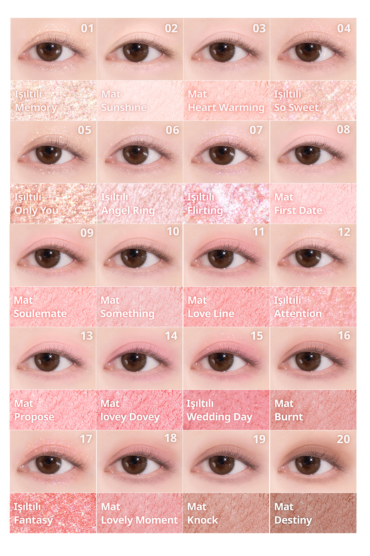 Mat ve Işıltılı Tonlardan Oluşan 20 Renkli Far Paleti Mood Shadow Palette (06 Sweet Heart) — صورتی 111646 — تصویر 3 از 9