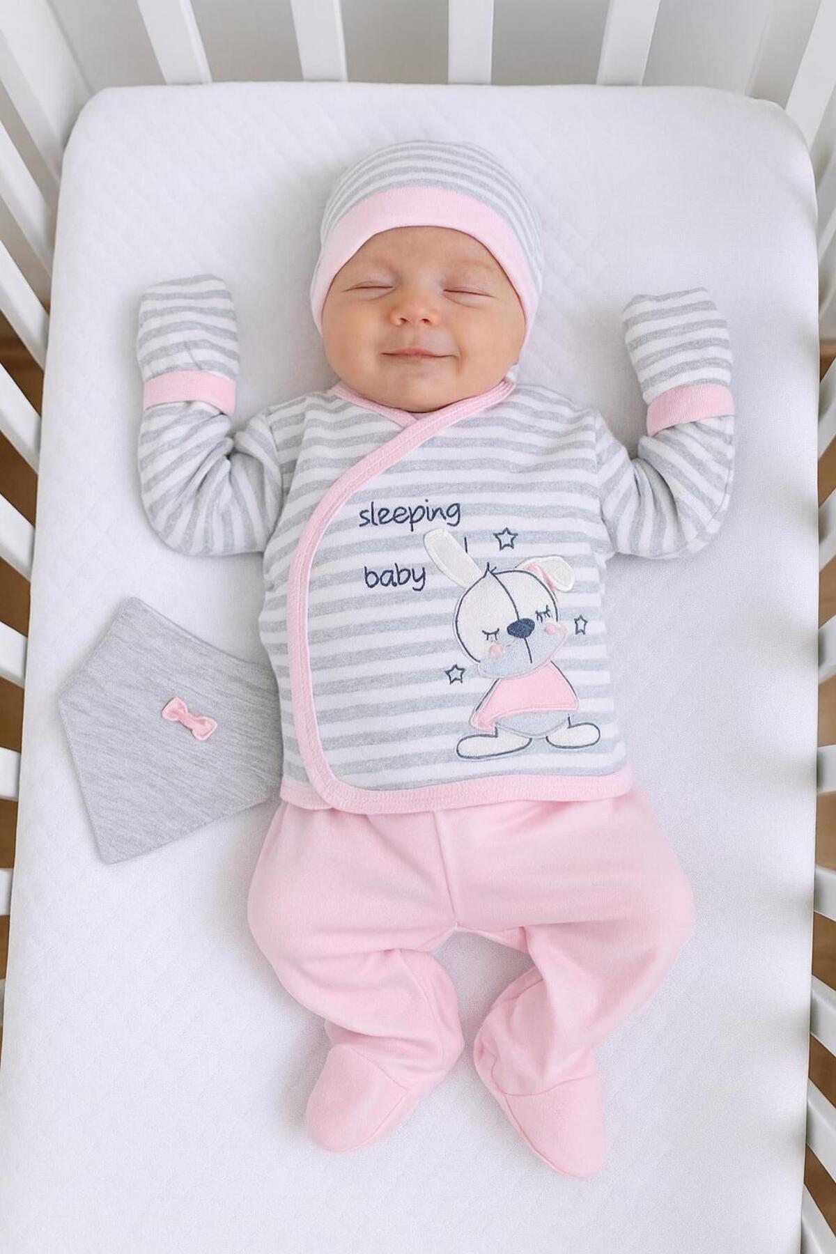 BYS BABY FASHION %100 Pamuklu Yenidoğan Kız Bebek Uyuyan Tavşan Desenli 5 Parça Hastane Çıkış Seti ( Kutulu ) fotoğrafı 7 (önizleme)