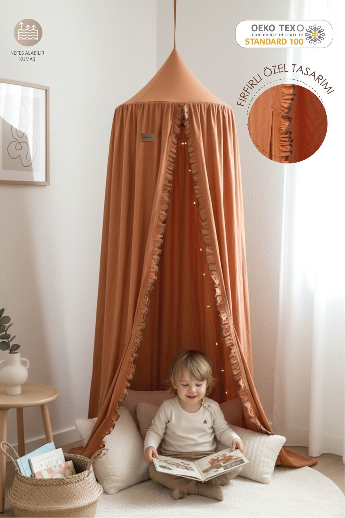 mordesign Fırfır Detaylı %100 Pamuk Kanopi Beşik ve Oyun Alanı İçin Dekoratif Cibinlik