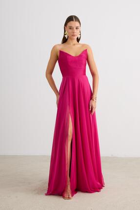 CARMEN Fuşya Yırtmaçlı Şifon Abiye Elbise