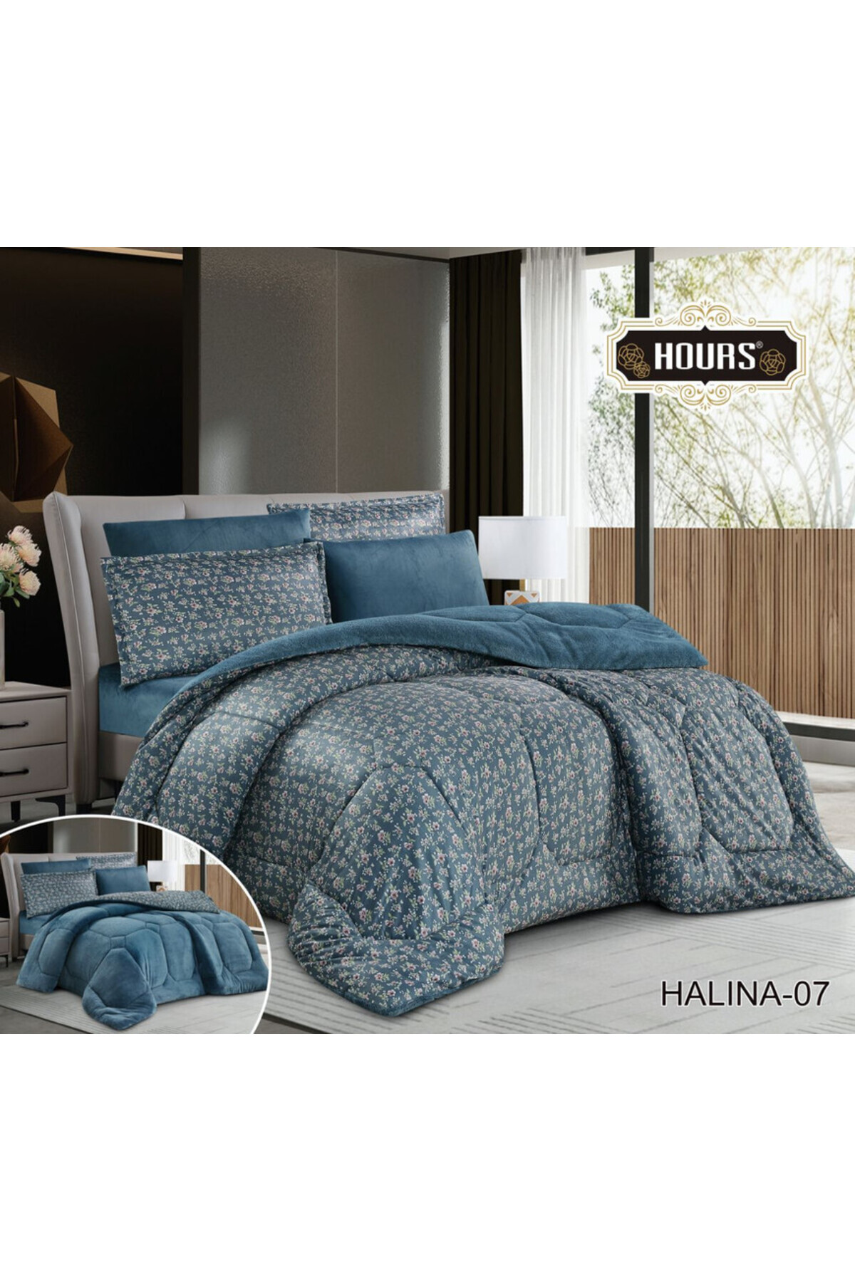 مفرش شتوي فرو ومخمل بحشوة ثقيلة مناسب لمقاس سرير مزدوج 200×200 سم من هورس مكون من 6قطع 290 غرزة