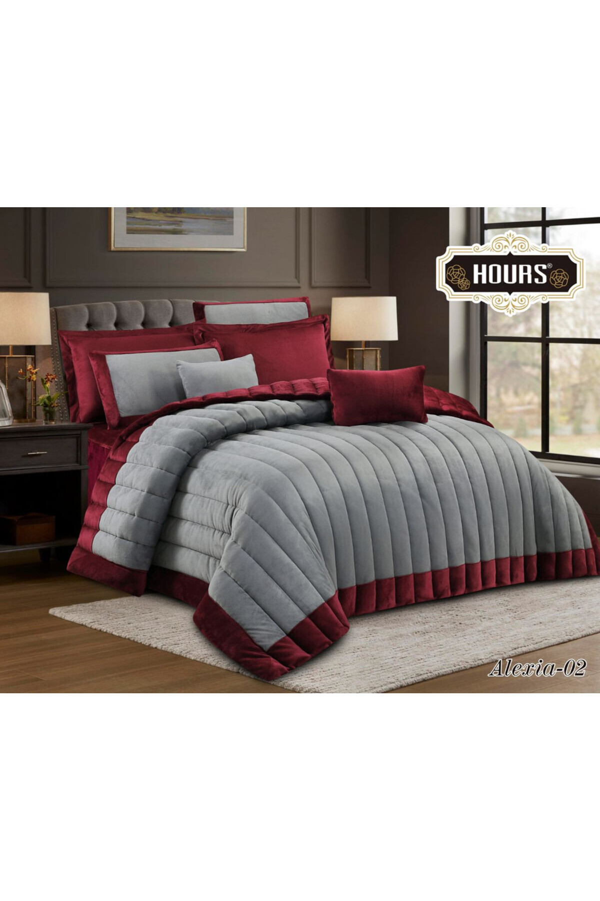 مفرش شتوي مخمل بحشوة ثقيلة مناسب لمقاس سرير مزدوج 200×200 سم من هورس مكون من 8قطع 360 غرزة