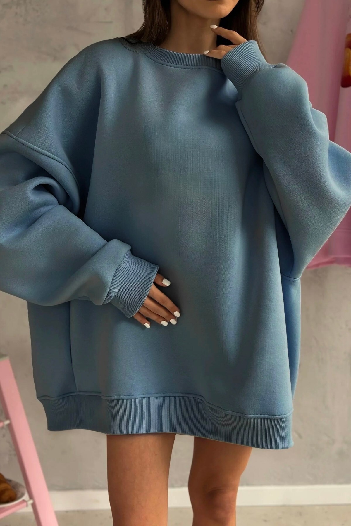 The Champ Clothing Kadın Oversize Sweatshirt Elbise Basic Marine, Bisiklet Yaka, 3 İplik Şardonlu Polar görsel 2