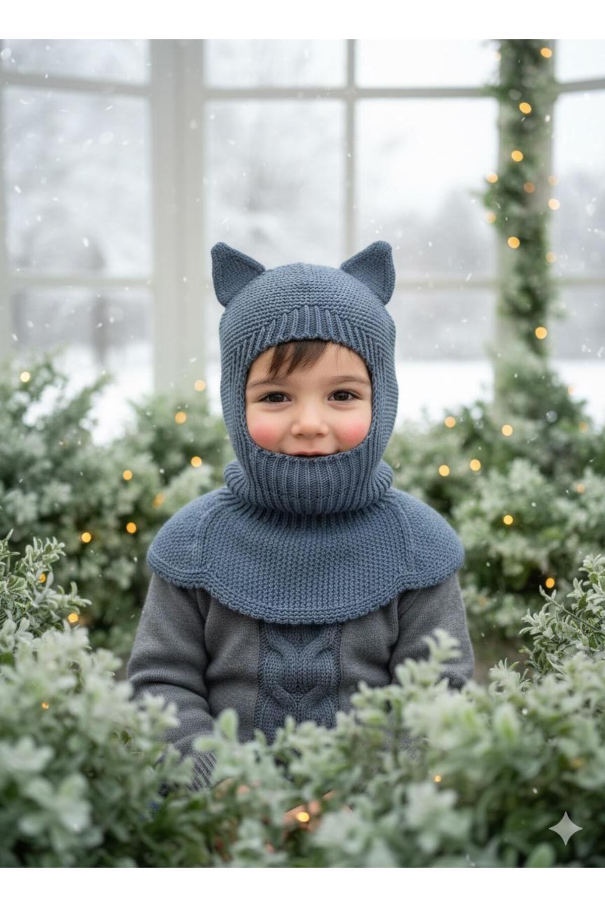meriç bebe - bütün çocuklar melektir. mrc Kedi Kulaklı Kışlık Balaklava Triko Boyunluklu Bebek Çocuk Şapka Bere Kar Maskesi fotoğrafı 5 (önizleme)