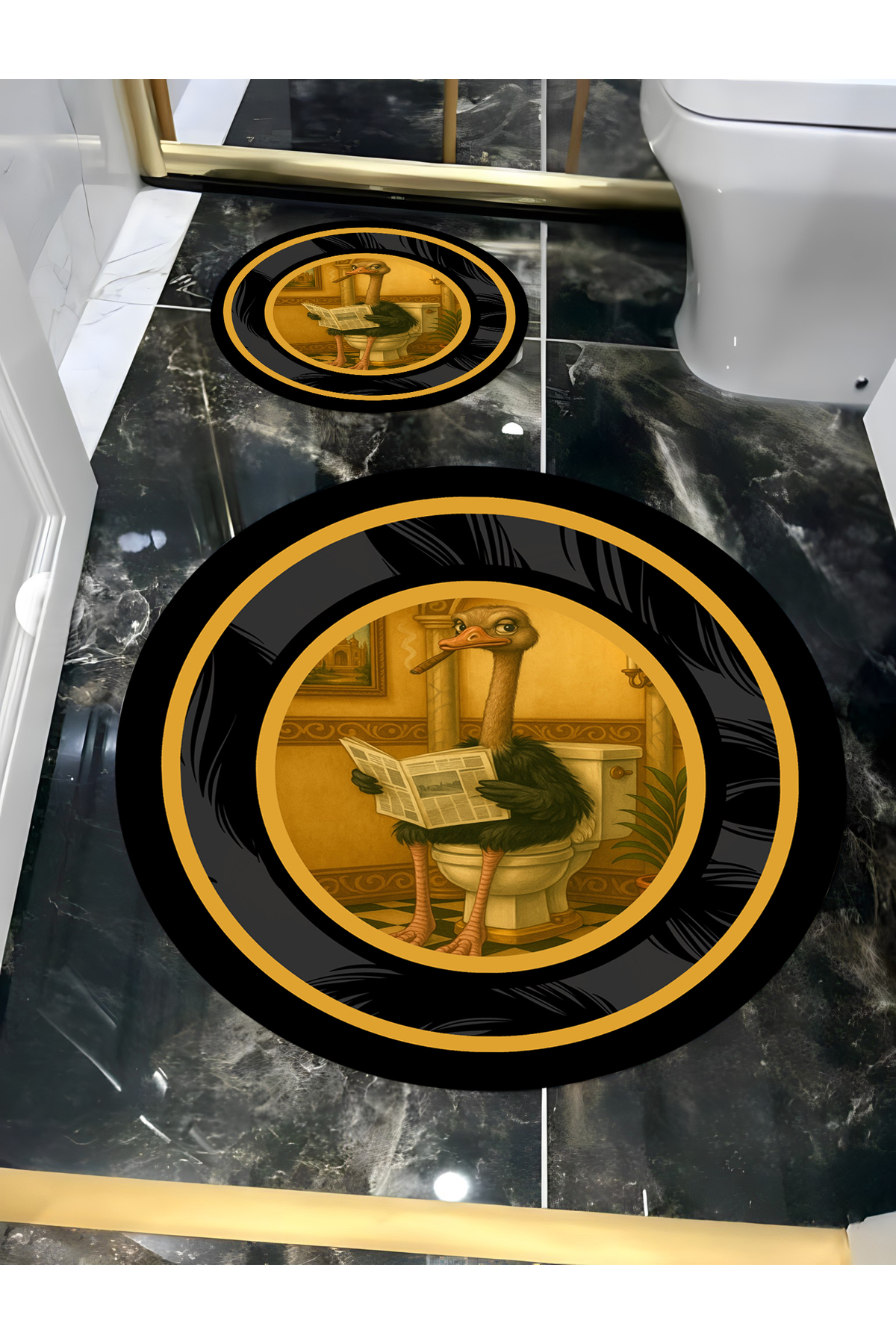HARIKABIREV|BATHROOM AND TOILET ROUND MAT NEWSPAPER READING CIGAR SMOKING OSTRICH |YVRPSPS