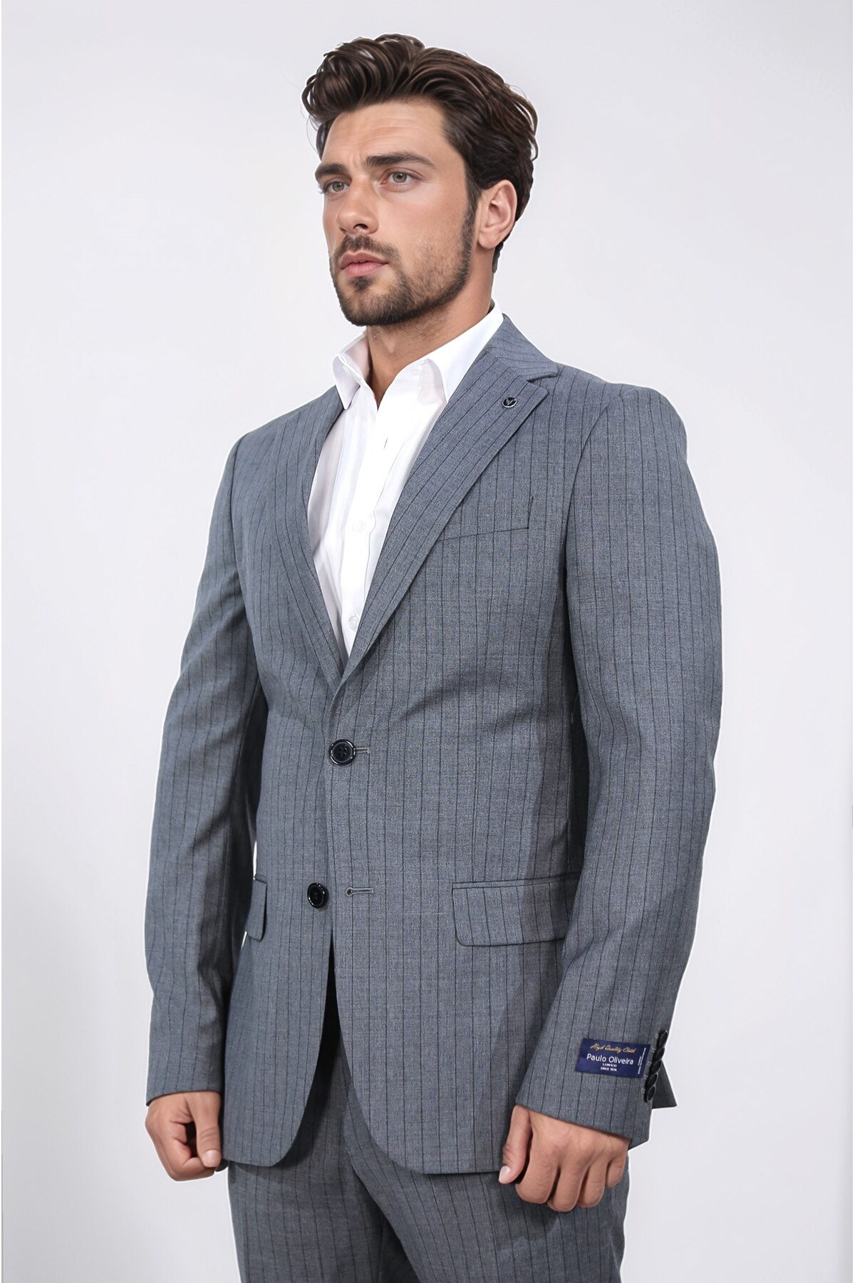 کت و شلوار پشمی باریک یقه تک — خاکستری PRA-13148756-862141 — تصویر 5 از 8