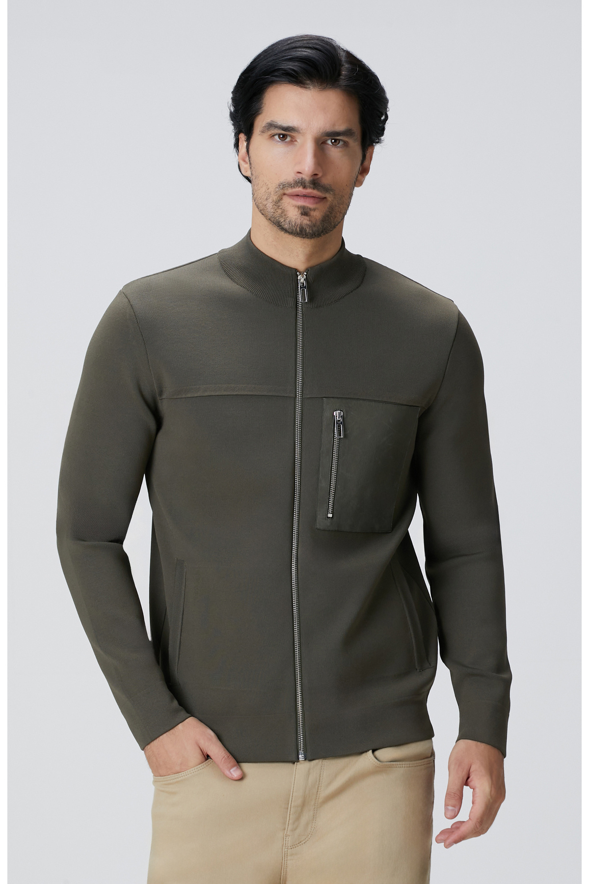 نتورک پالتو بافتنی جیب‌دار چرمی خاکی