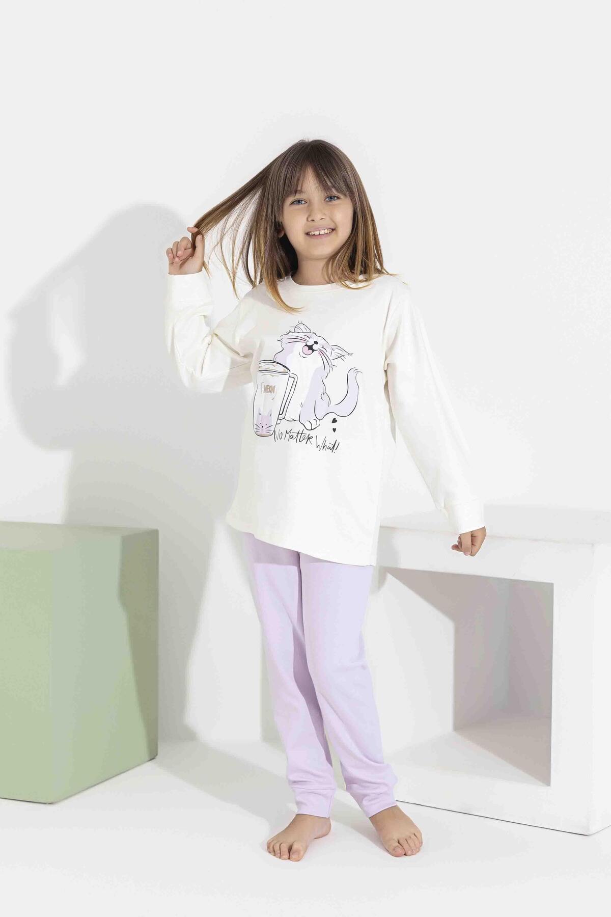 RAPAPA Kız Çocuk Uzun Kollu Pijama Takımı - Sevimli Kedi Desenli 8411E fotoğrafı 2 (önizleme)