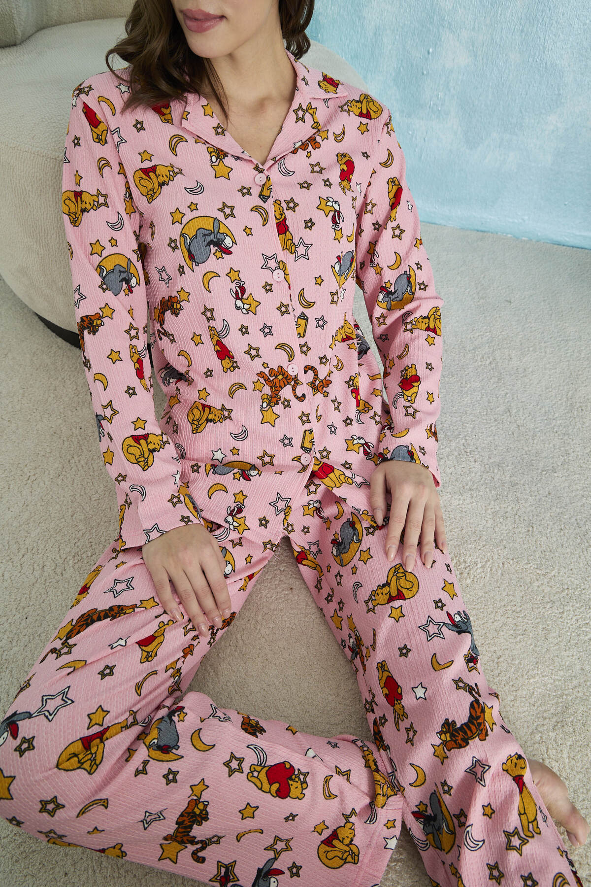 STELLAPİNK Winnie Karakterli Ay Yıldız Desenli Bürümcük Pijama Takımı görsel 4