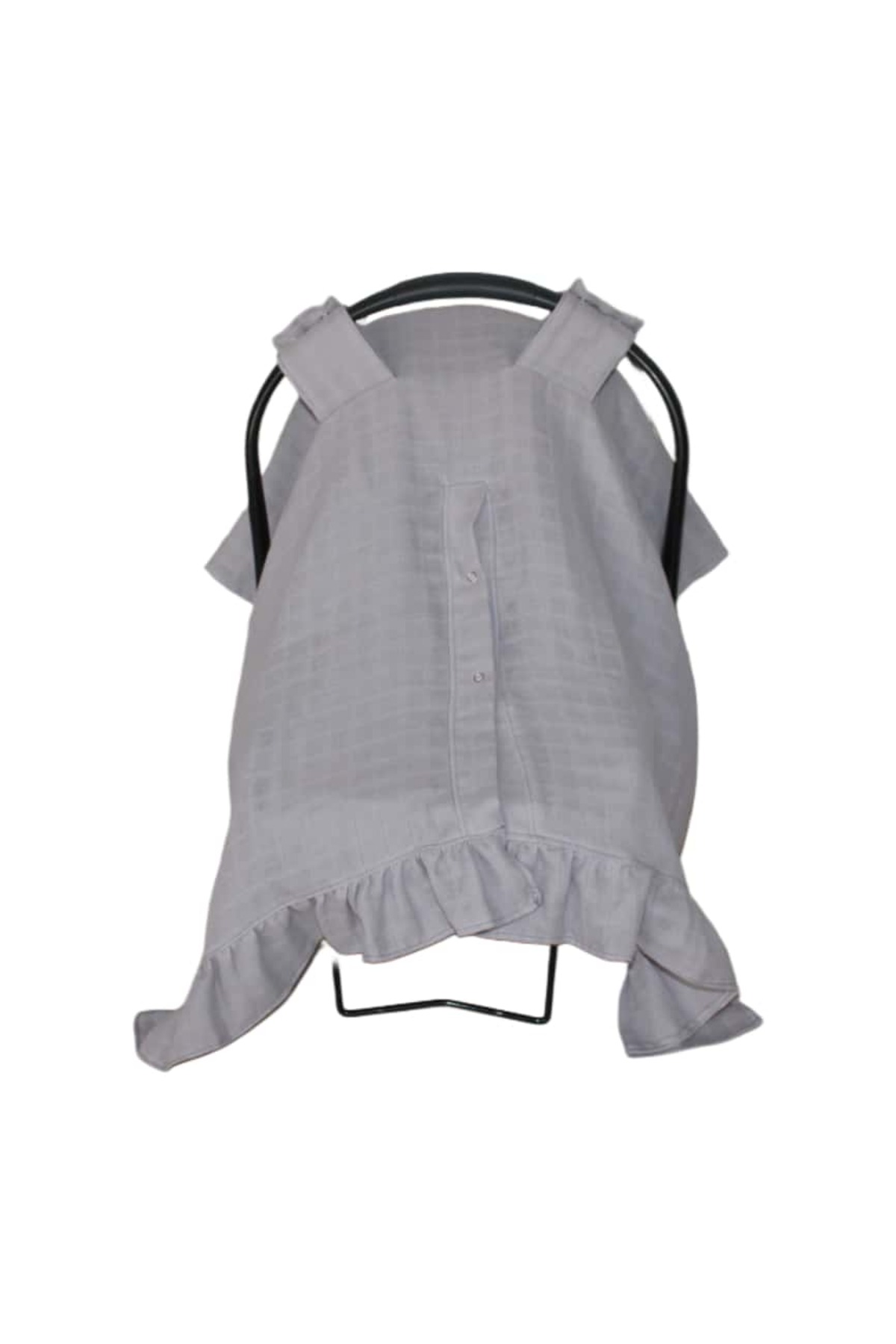 SerSev %100 Pamuk Gri Müslin Kumaş Puset Örtüsü Çıt Çıt ve Fırfır Desenli Gri Puset Örtüsü fotoğrafı 3 (önizleme)