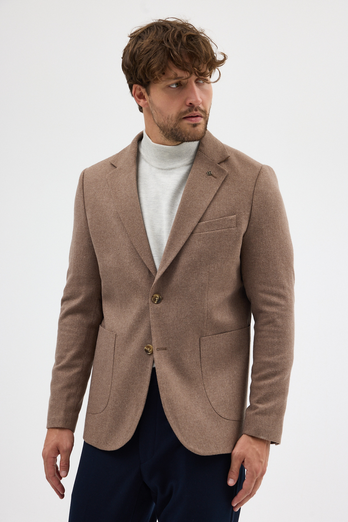 Frappoli  Enrica Erkek Vizon Kaşe Kumaşlı Yarım Astar Torba Cepli Mono Yaka Spor Blazer Ceket - Görsel 6