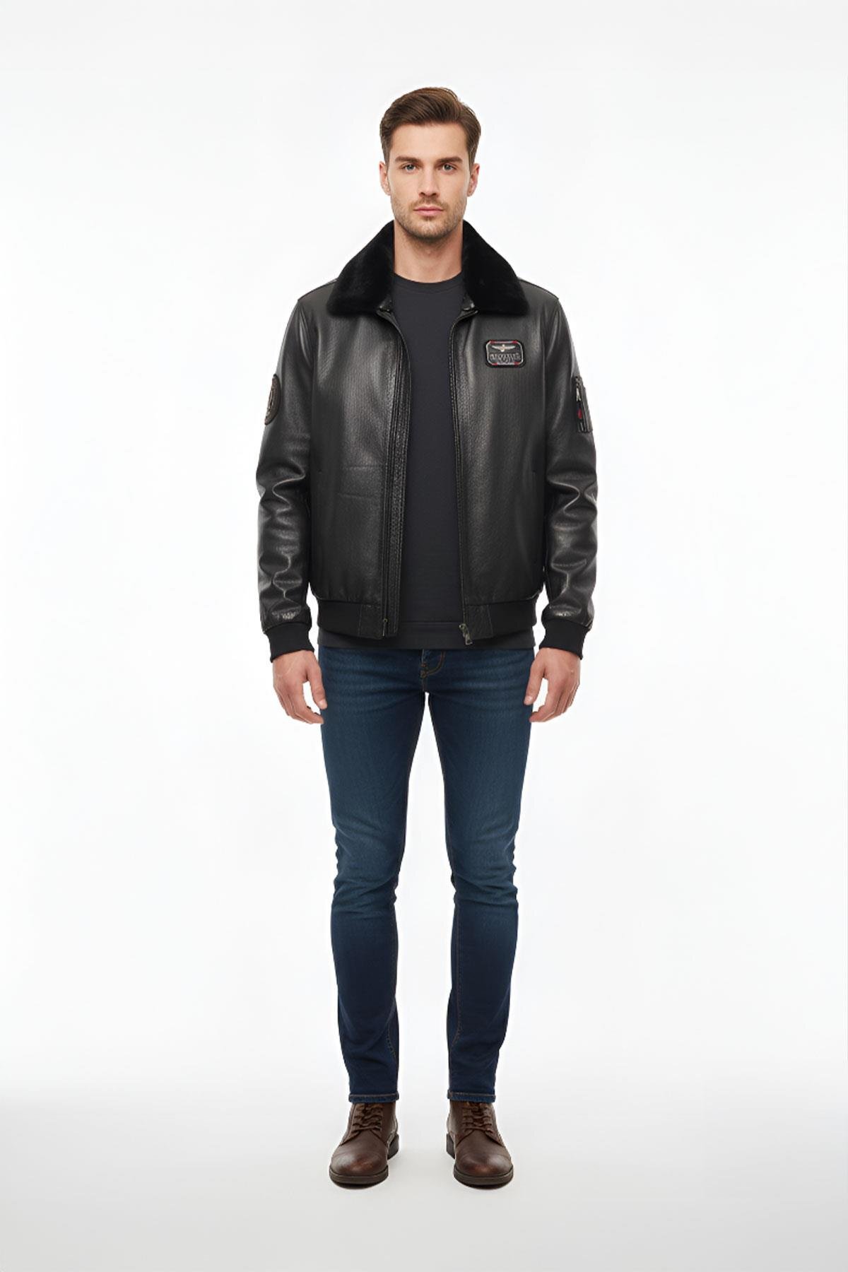 Deriderim  Siyah Top Gun Erkek Hakiki Deri Kürk Yakalı Pilot Mont - Görsel 2