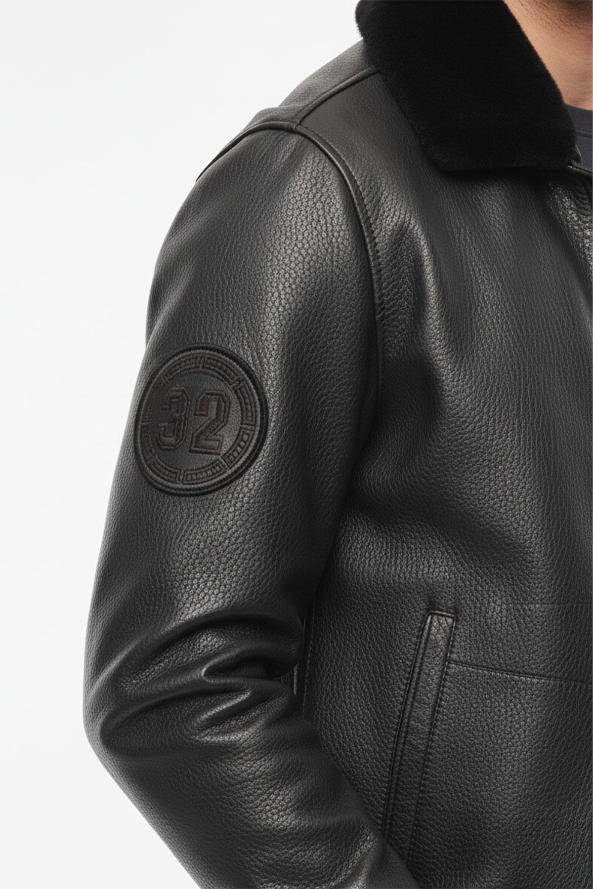 Deriderim  Siyah Top Gun Erkek Hakiki Deri Kürk Yakalı Pilot Mont - Görsel 3