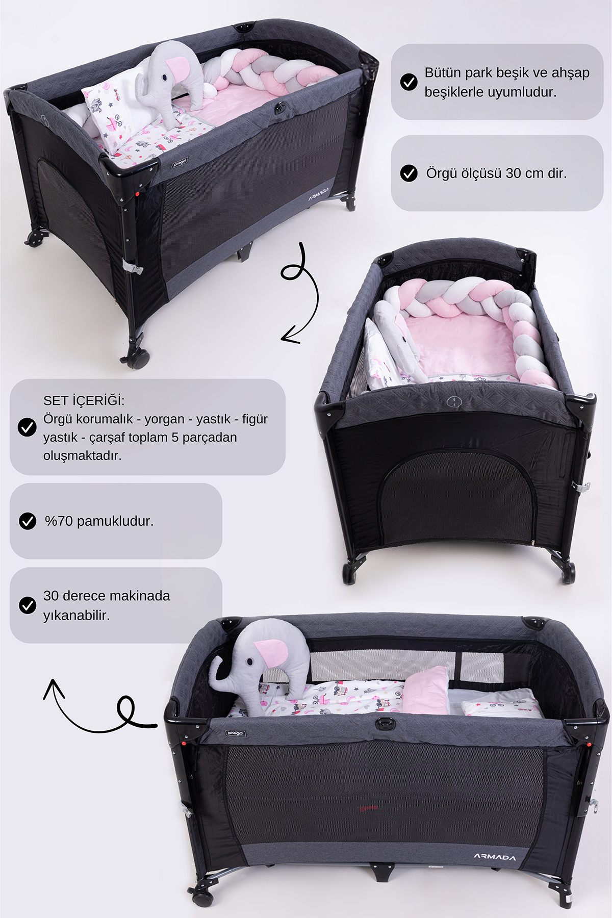 Cozibo Örgülü Park Beşik Uyku Seti Ahşap Örgülü Beşik Seti Tüm Beşiklere Uygun 70x110 70x120 70x130 60x120 fotoğrafı 2 (önizleme)