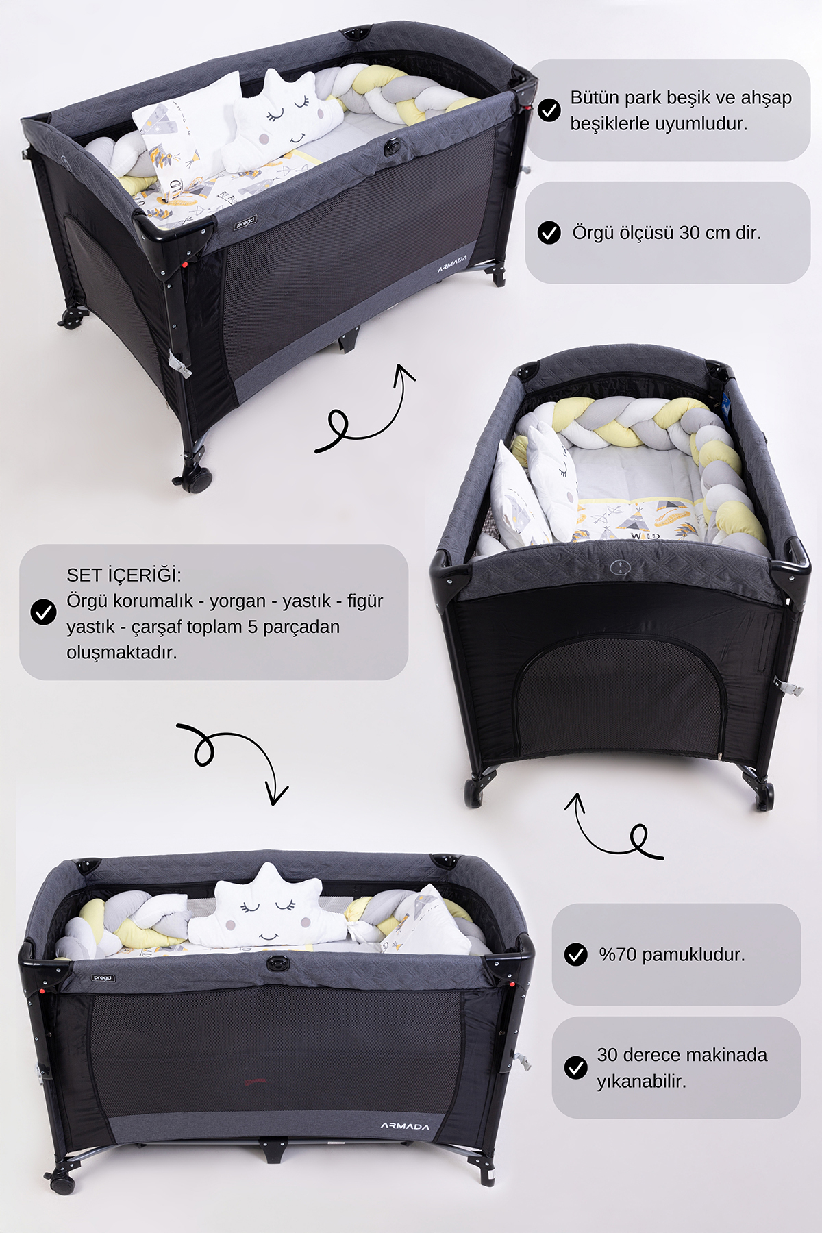 Cozibo Örgülü Park Beşik Uyku Seti Ahşap Örgülü Beşik Seti Tüm Beşiklere Uygun 70x110 70x120 70x130 60x120 fotoğrafı 4 (önizleme)