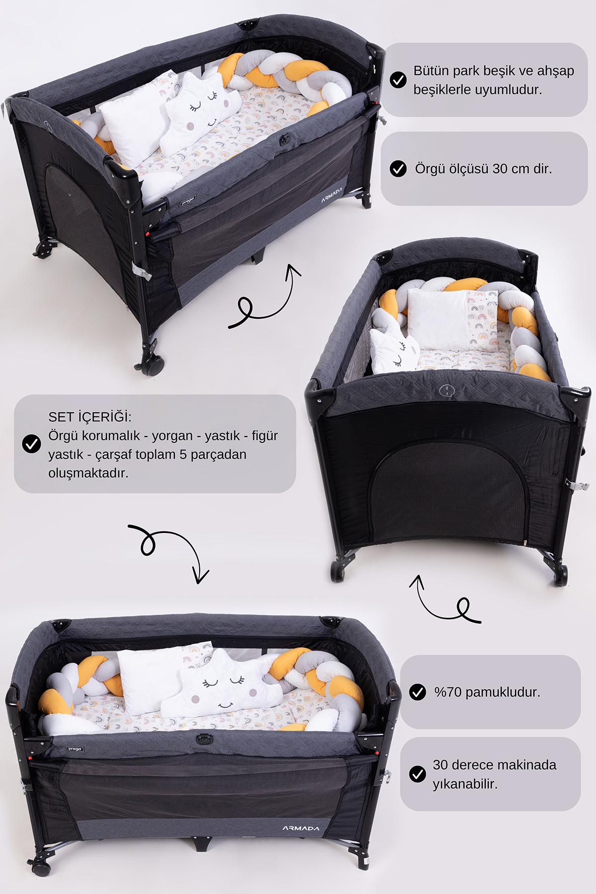 Cozibo Örgülü Park Beşik Uyku Seti Ahşap Örgülü Beşik Seti Tüm Beşiklere Uygun 70x110 70x120 70x130 60x120 fotoğrafı 4 (önizleme)