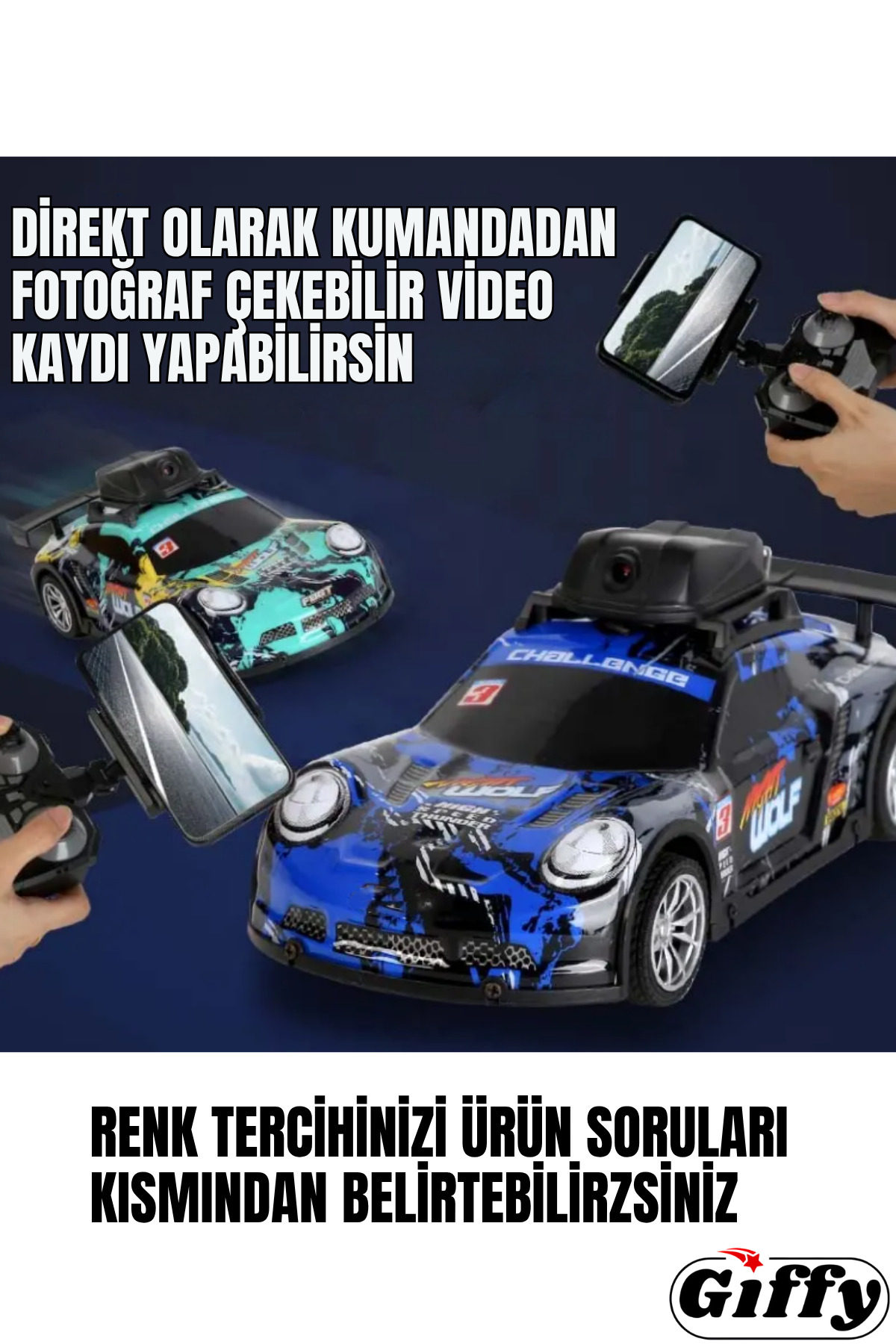 giffy Oyuncak Uzaktan Kumandalı Kameralı Araba HD Fotoğraf ve Video Çekilen Şarjlı Led Işıklı Araç fotoğrafı 2 (önizleme)