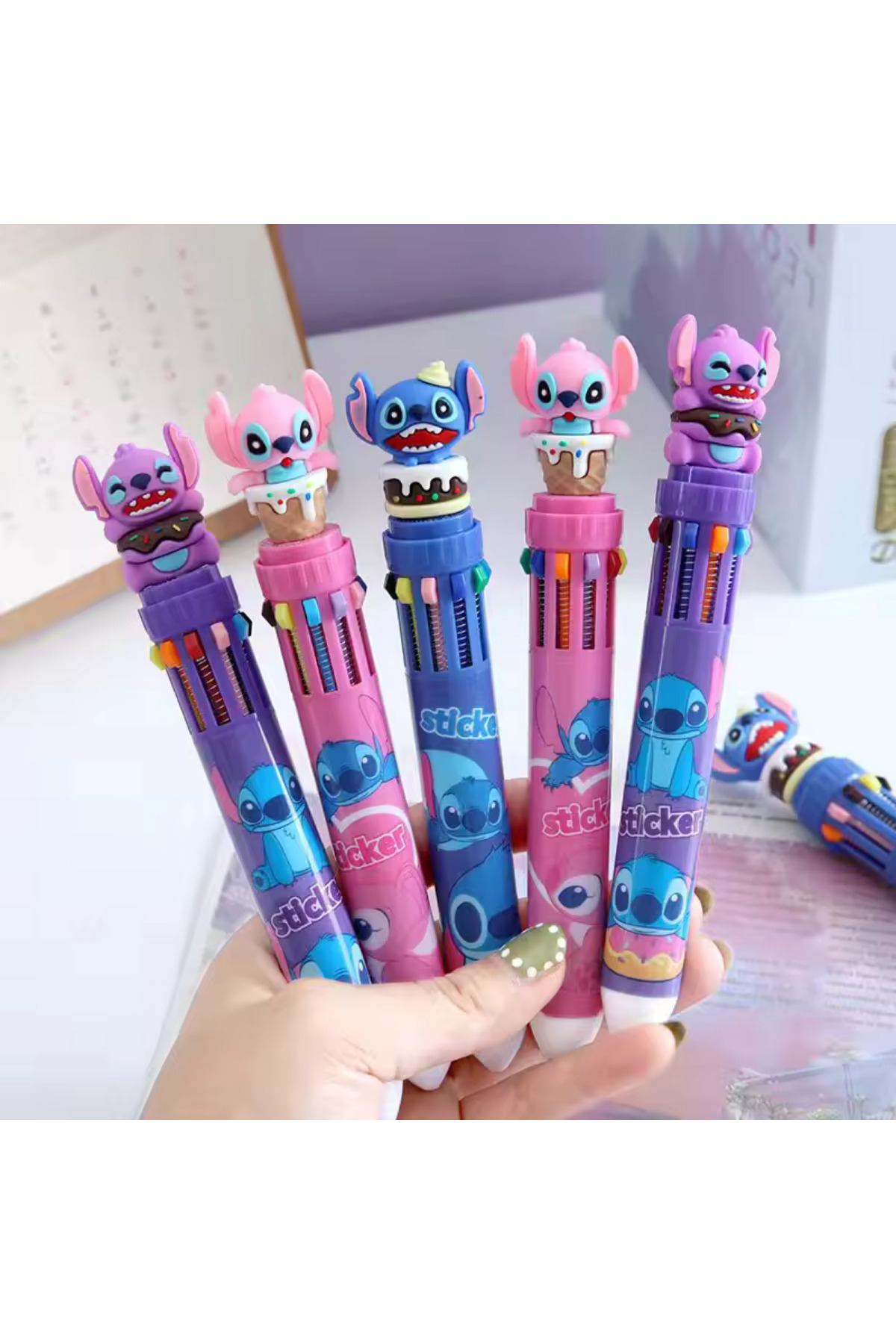 NaSaDAN Stitch Figürlü 10 Renk Tükenmez Kalem (TEKLİ) - Sevimli Renkli Kırtasiye