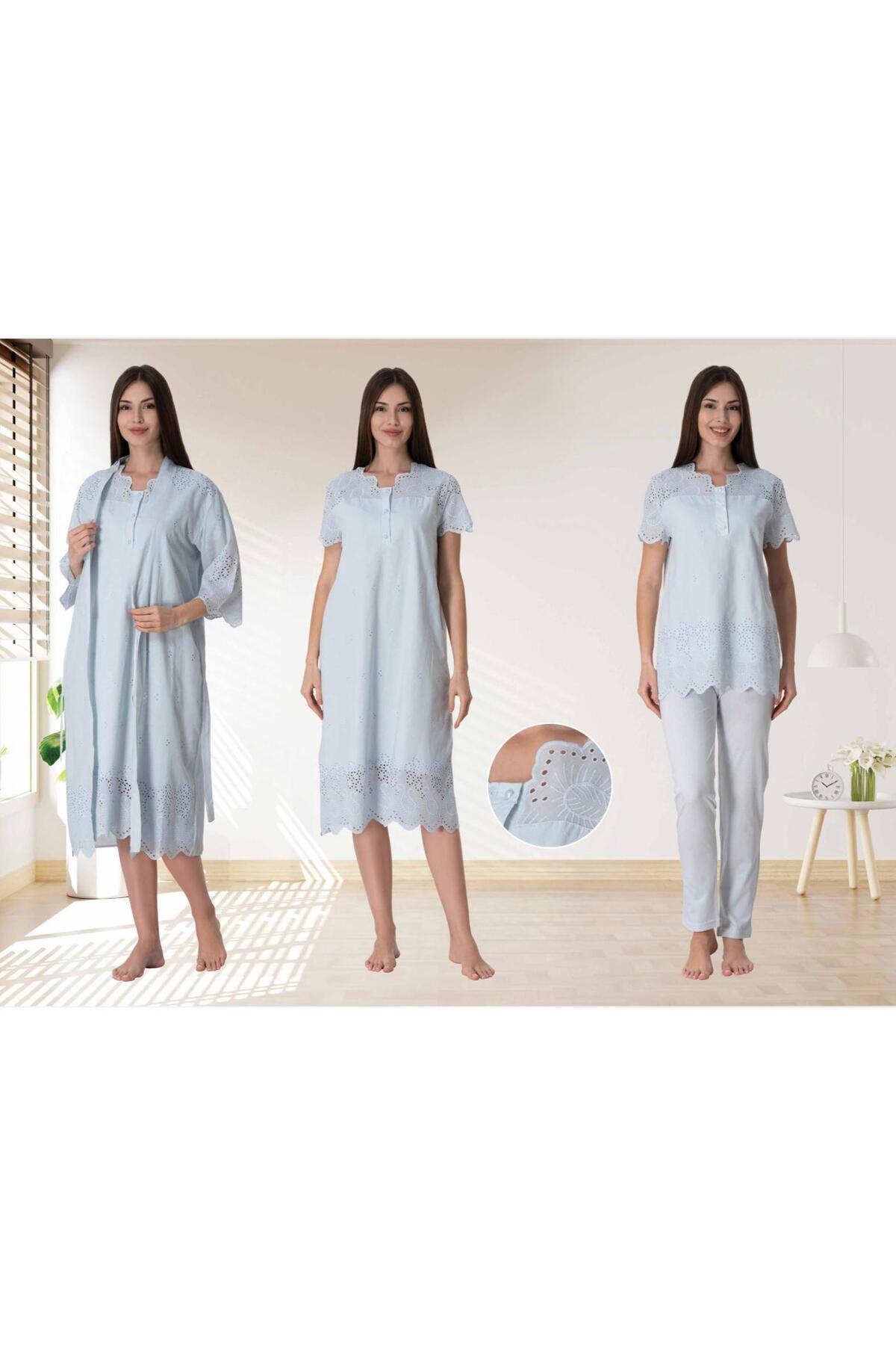 Lohusa Homewear Kadın Mavi Keten Fistolu Hamile Lohusa Sabahlık Pijama Takımı Gecelik4'Lü Set