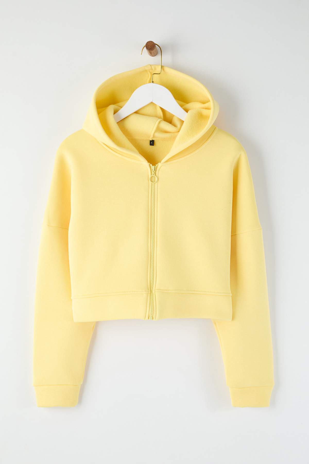 Trendyolmilla  Açık Sarı Fermuarlı Kapüşonlu Rahat Kesim Crop Kalın İçi Polarlı Örme Sweatshirt TWOAW20SW0660 - Görsel 7