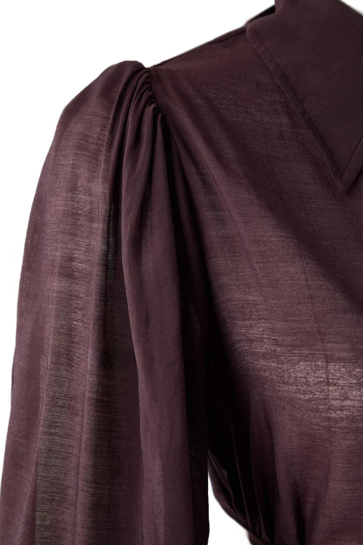 Trendyolmilla  Kahverengi Bağlama Detaylı Hafif Transparan Yumuşak Hisli Boho Gömlek TWOAW26GO00111 - Görsel 6